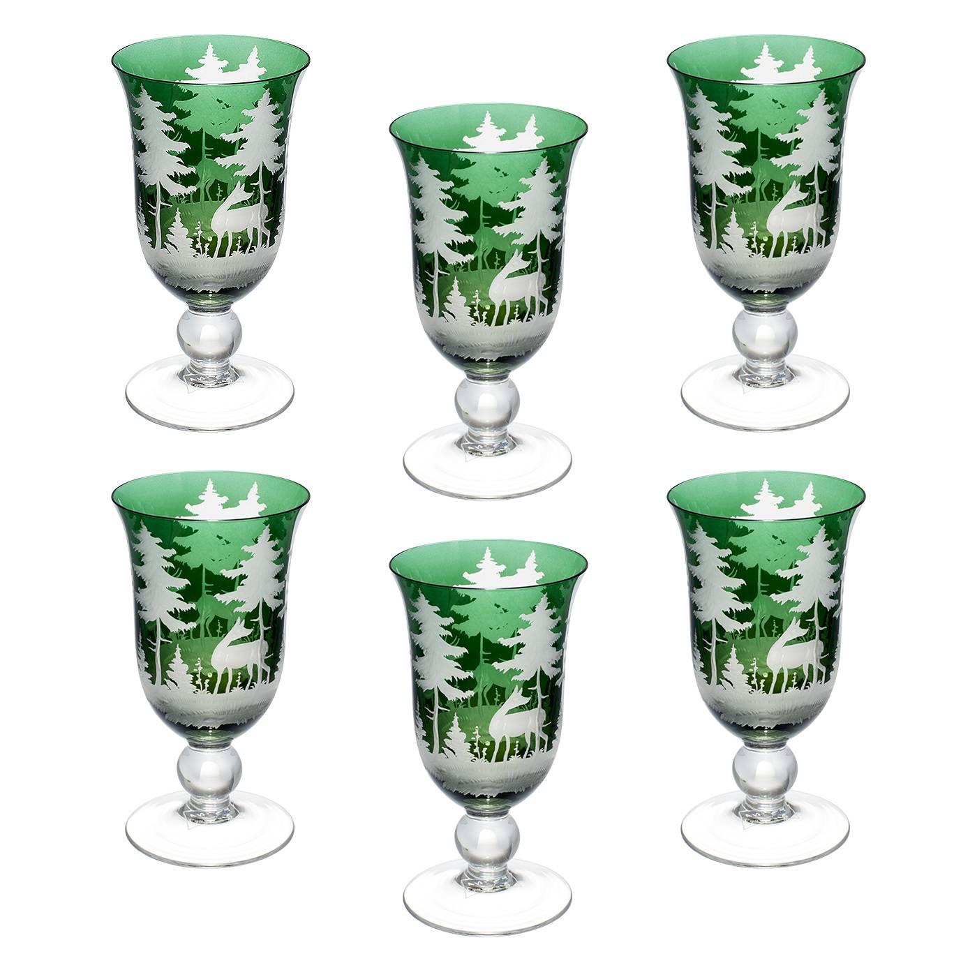 Set of Six Wine Goblets  Green Crystal Hunting Decor  Sofina Boutique Kitzbuehel For Sale 5
