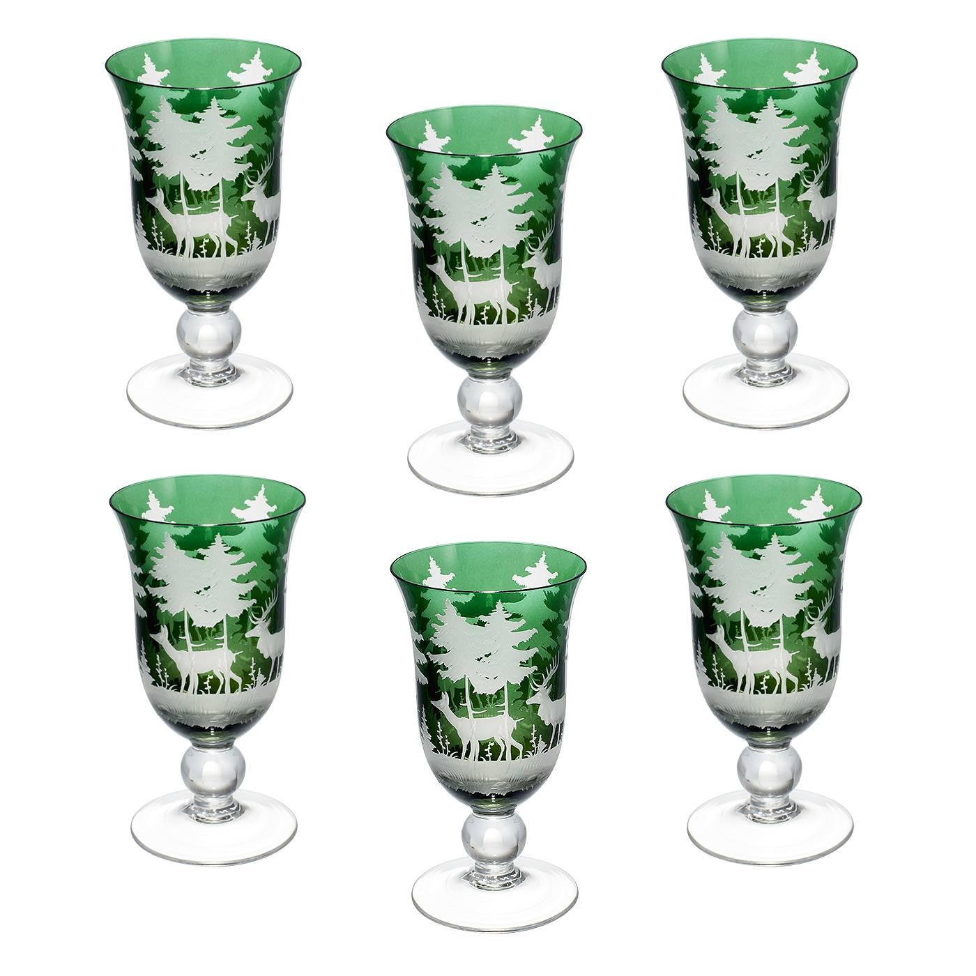 Set of Six Wine Goblets  Green Crystal Hunting Decor  Sofina Boutique Kitzbuehel For Sale 6