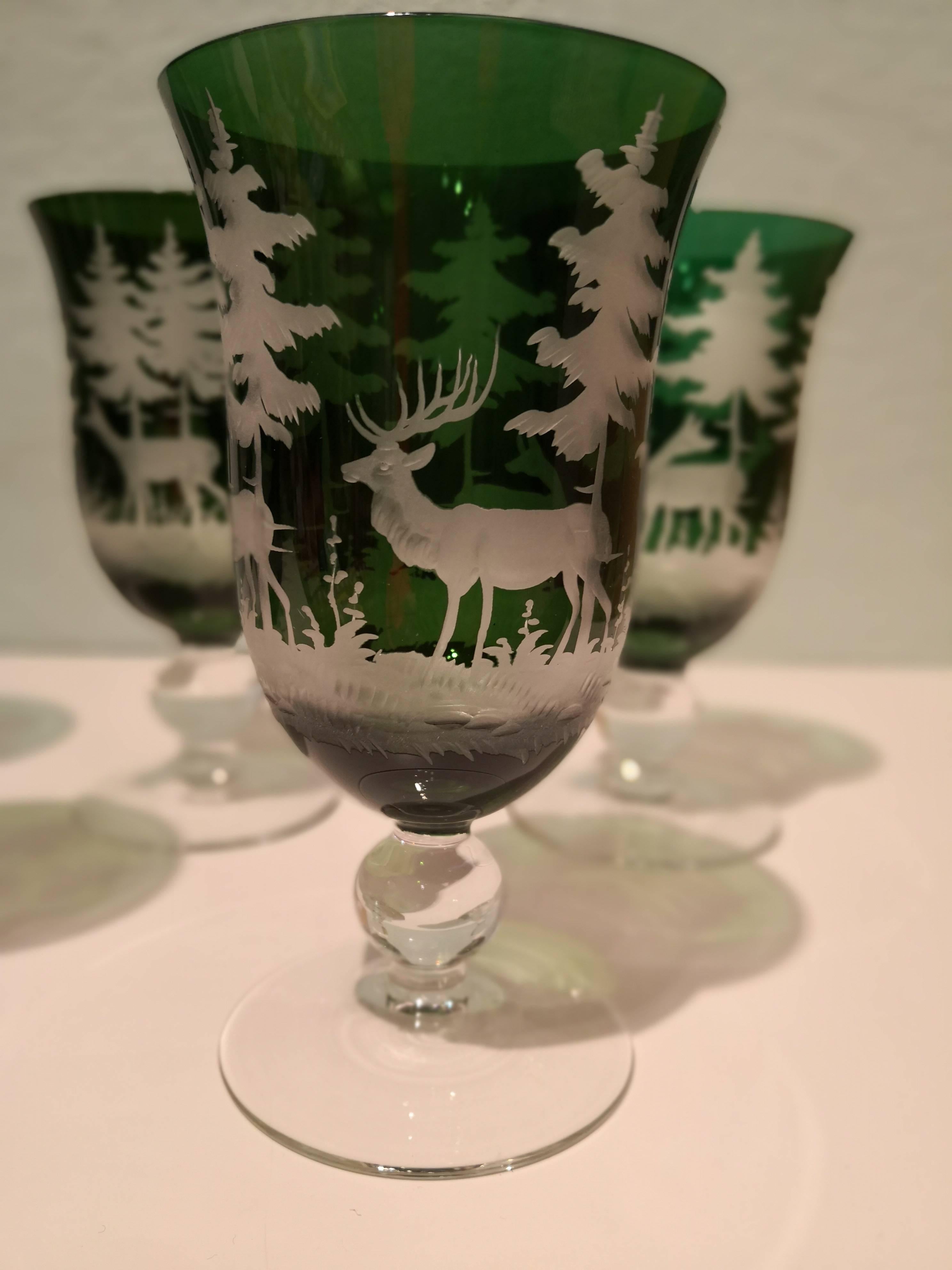 German Set of Six Wine Goblets  Green Crystal Hunting Decor  Sofina Boutique Kitzbuehel For Sale