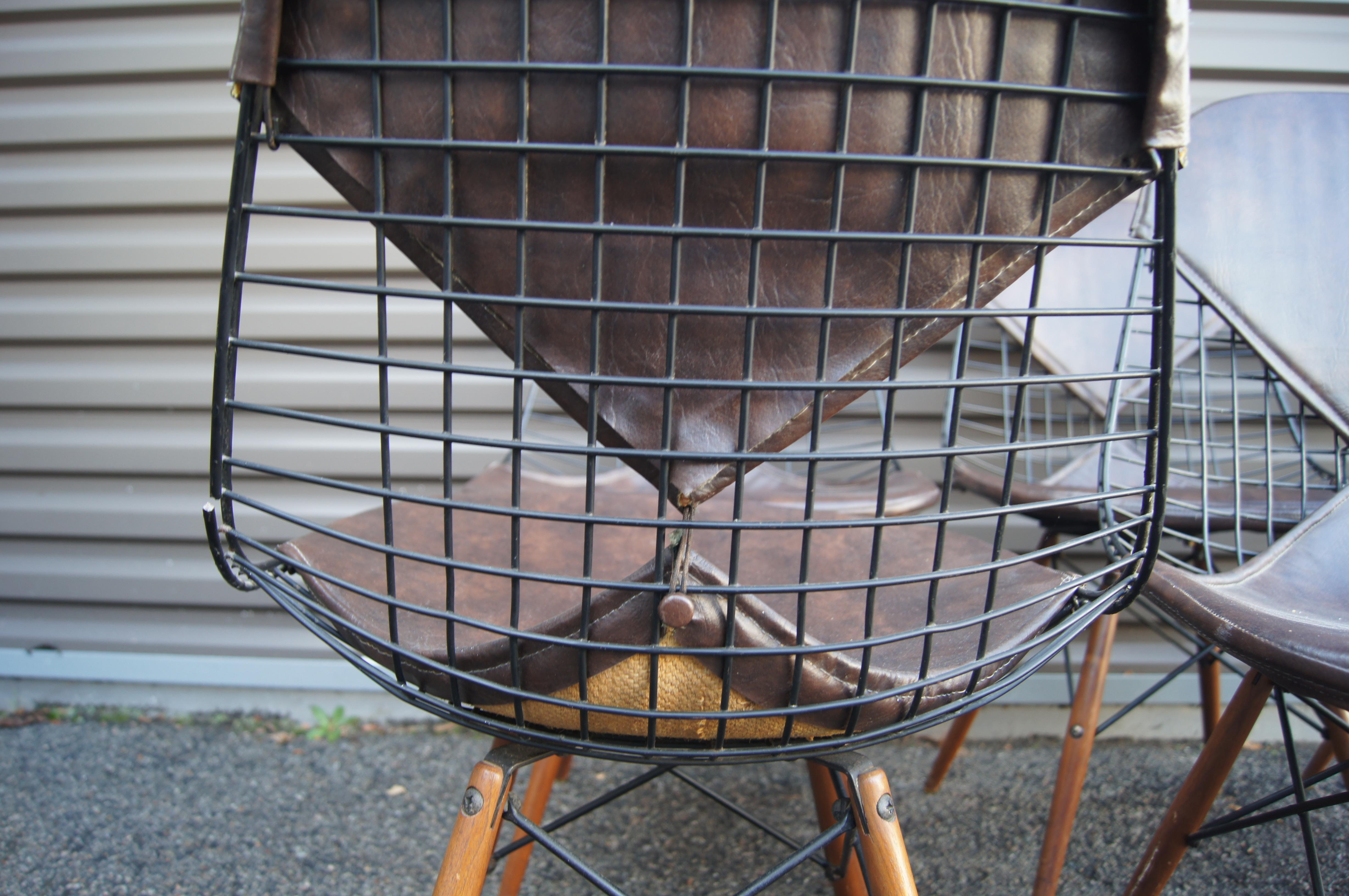 Steel Set of Six Wire Chairs with Dowel Legs and Bikini Pad by Charles and Ray Eames For Sale
