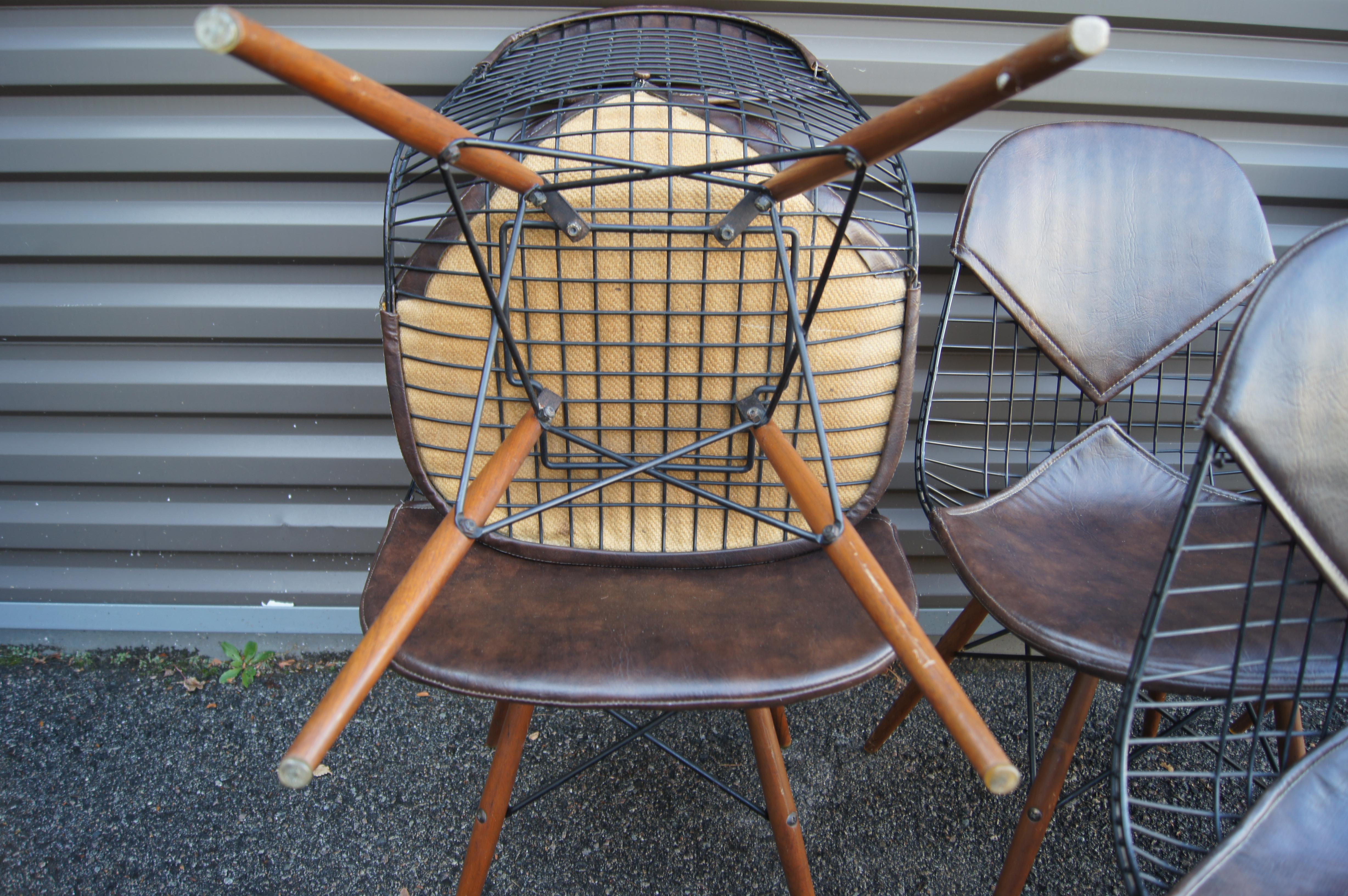 Set of Six Wire Chairs with Dowel Legs and Bikini Pad by Charles and Ray Eames For Sale 1