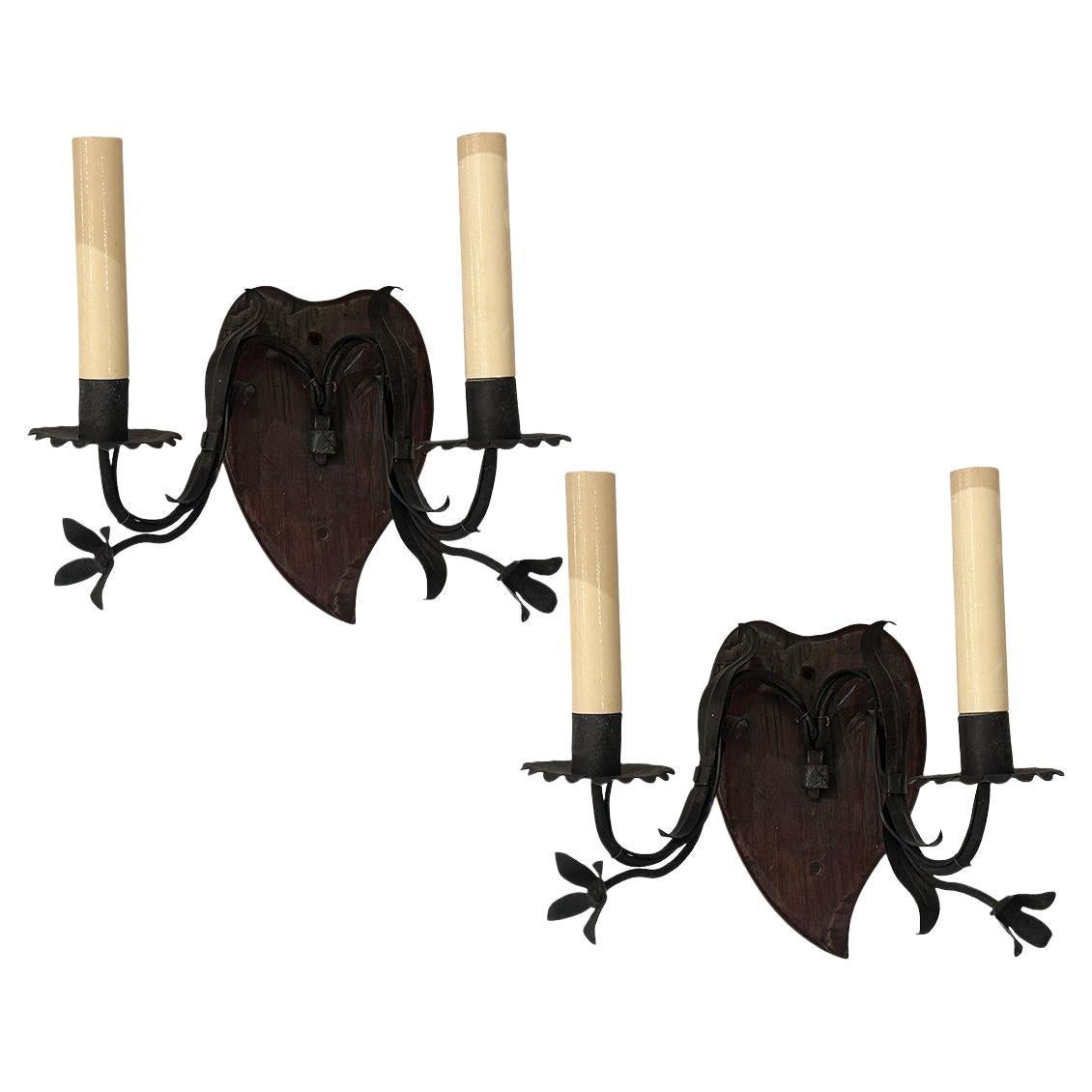 Set of Six Wood and Iron Sconces For Sale