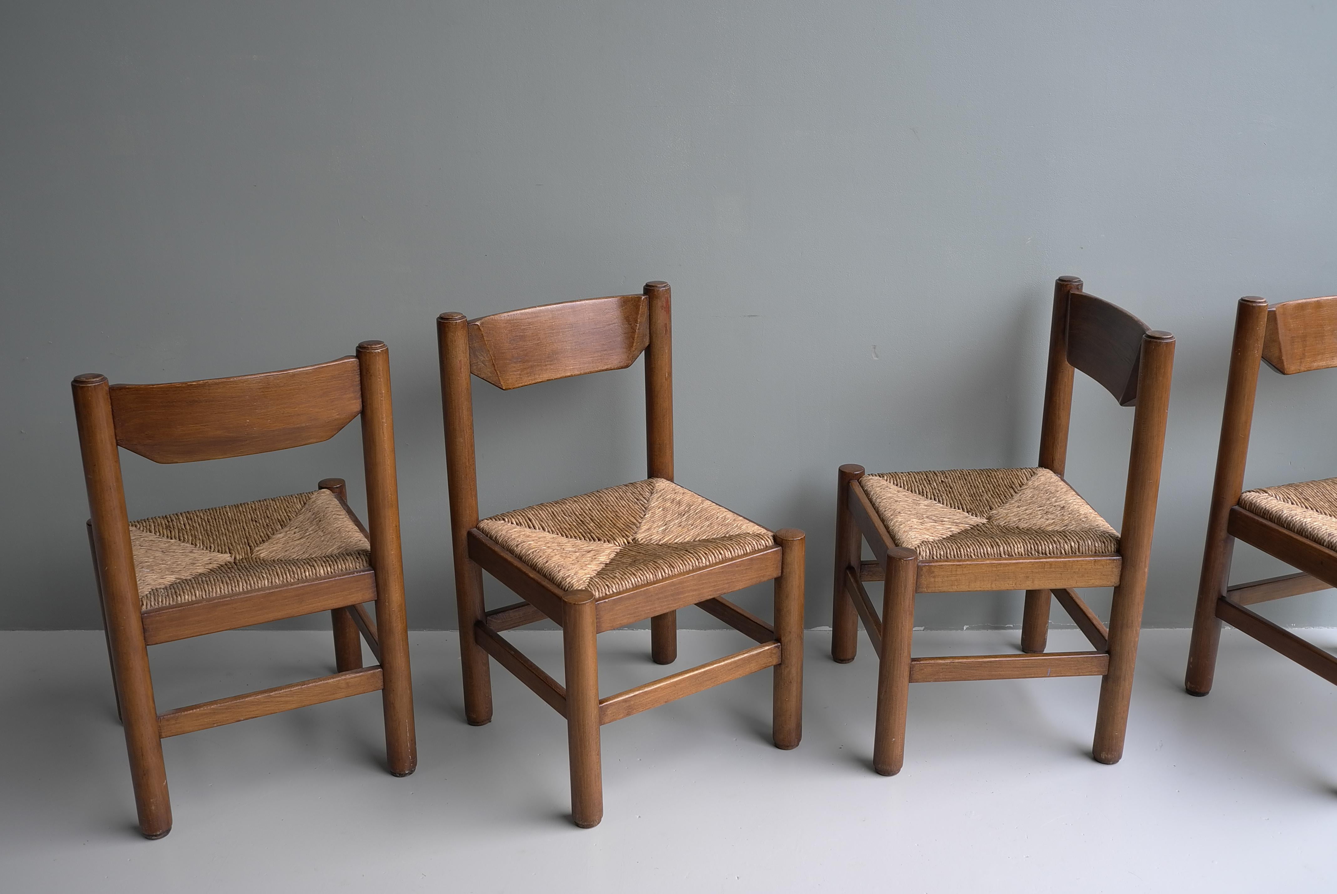 Set of Six Wood and Rush Chairs in Style of Charlotte Perriand, France, 1960 4