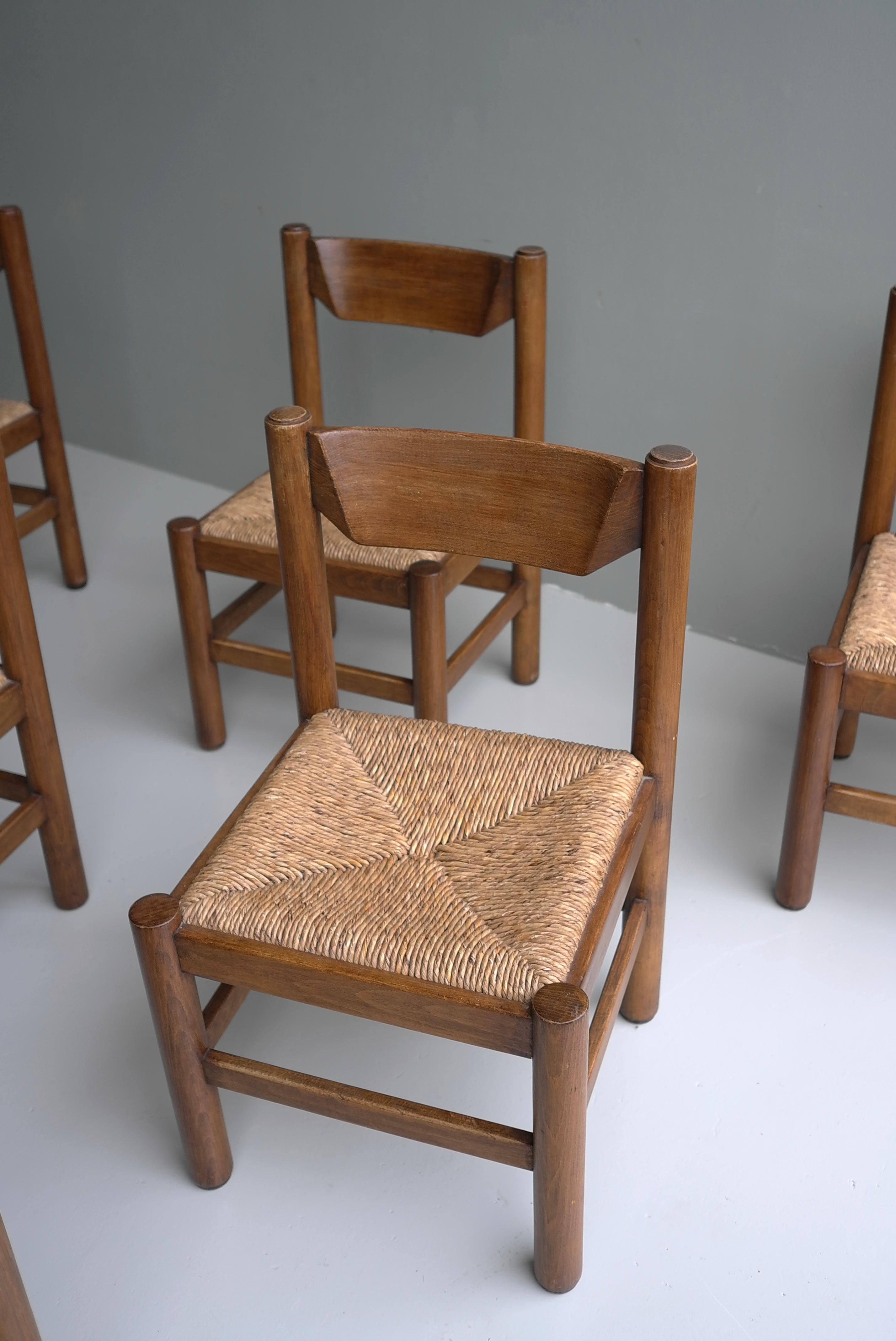 Mid-20th Century Set of Six Wood and Rush Chairs in Style of Charlotte Perriand, France, 1960