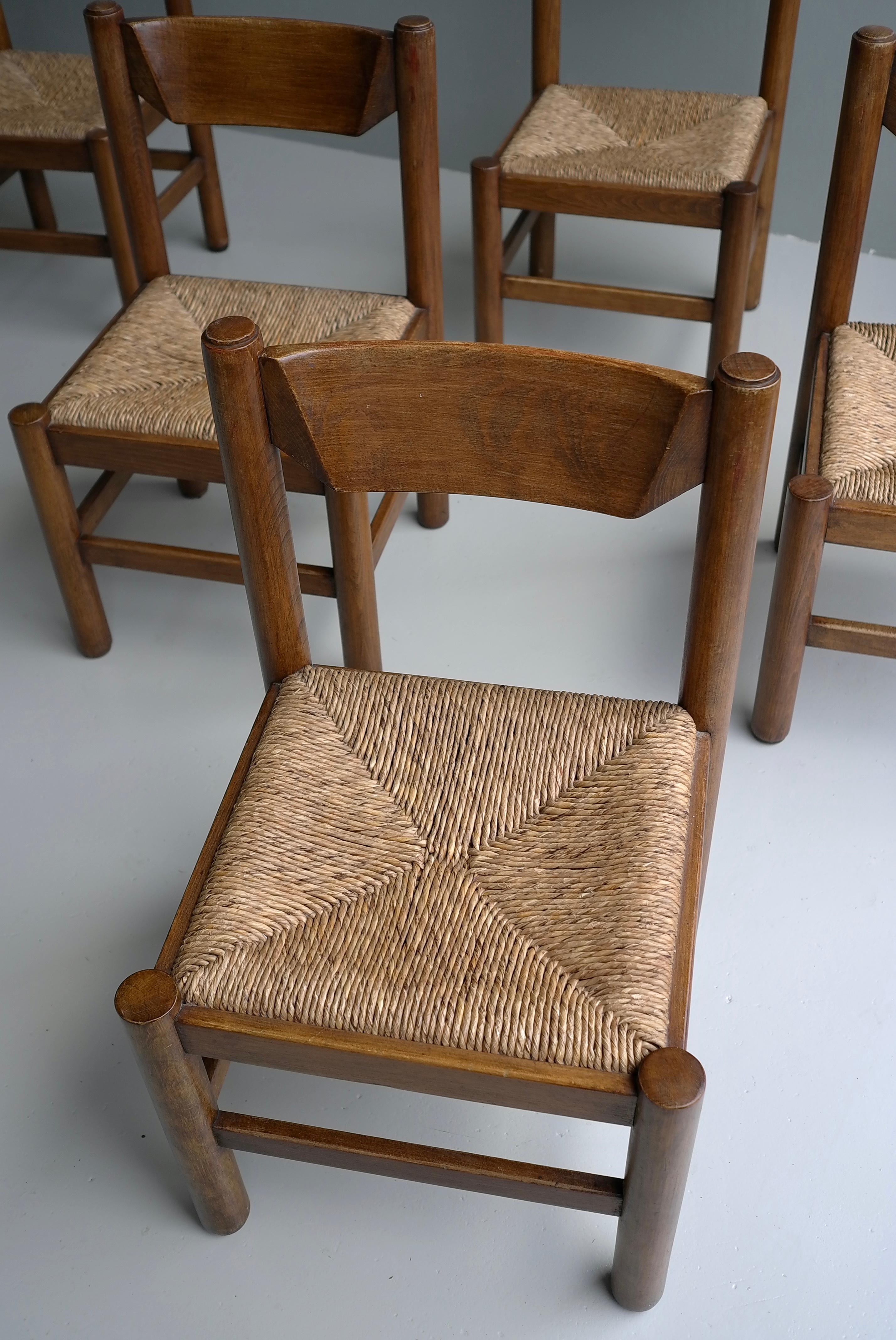 Set of Six Wood and Rush Chairs in Style of Charlotte Perriand, France, 1960 1