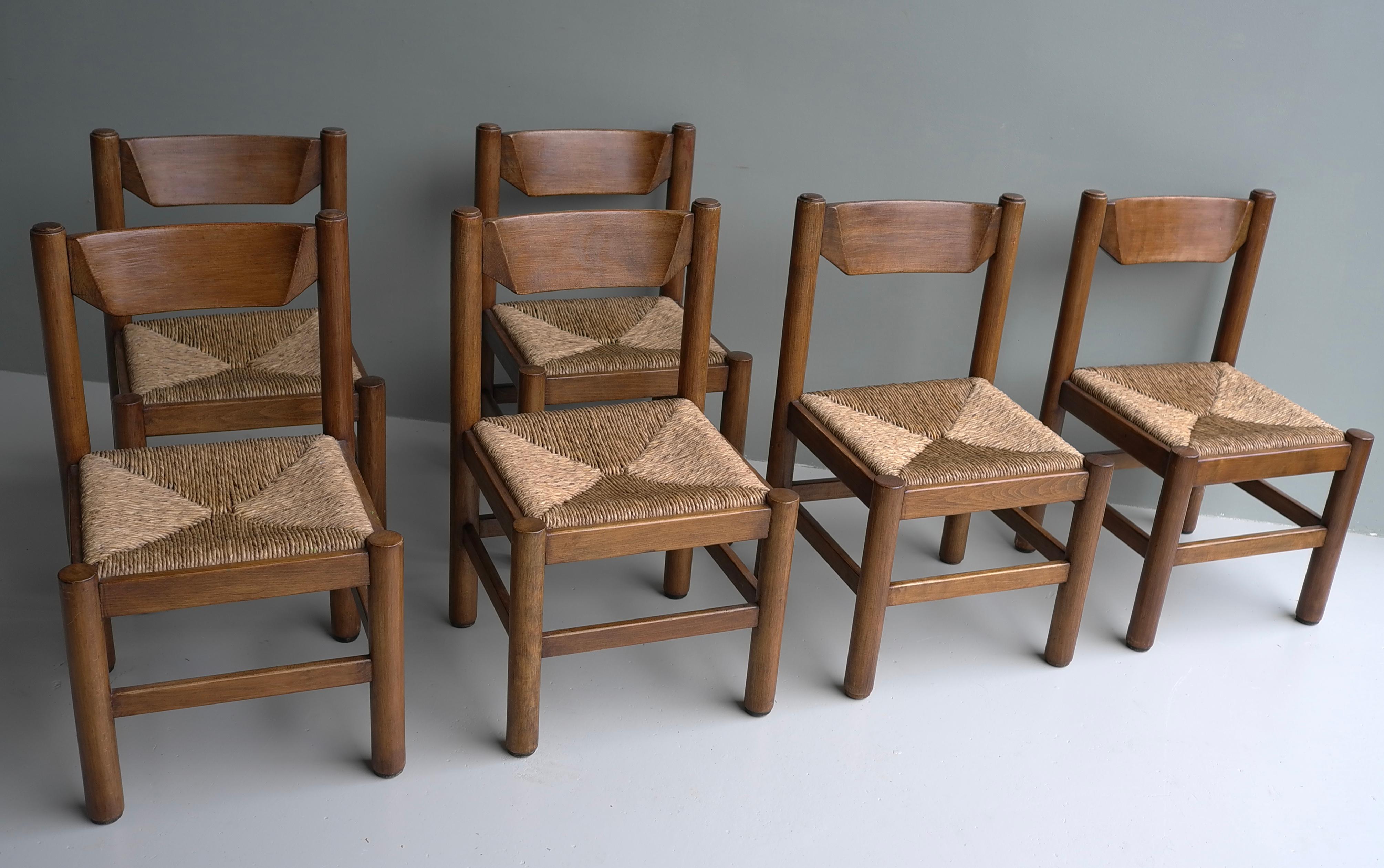 Set of Six Wood and Rush Chairs in Style of Charlotte Perriand, France, 1960 2