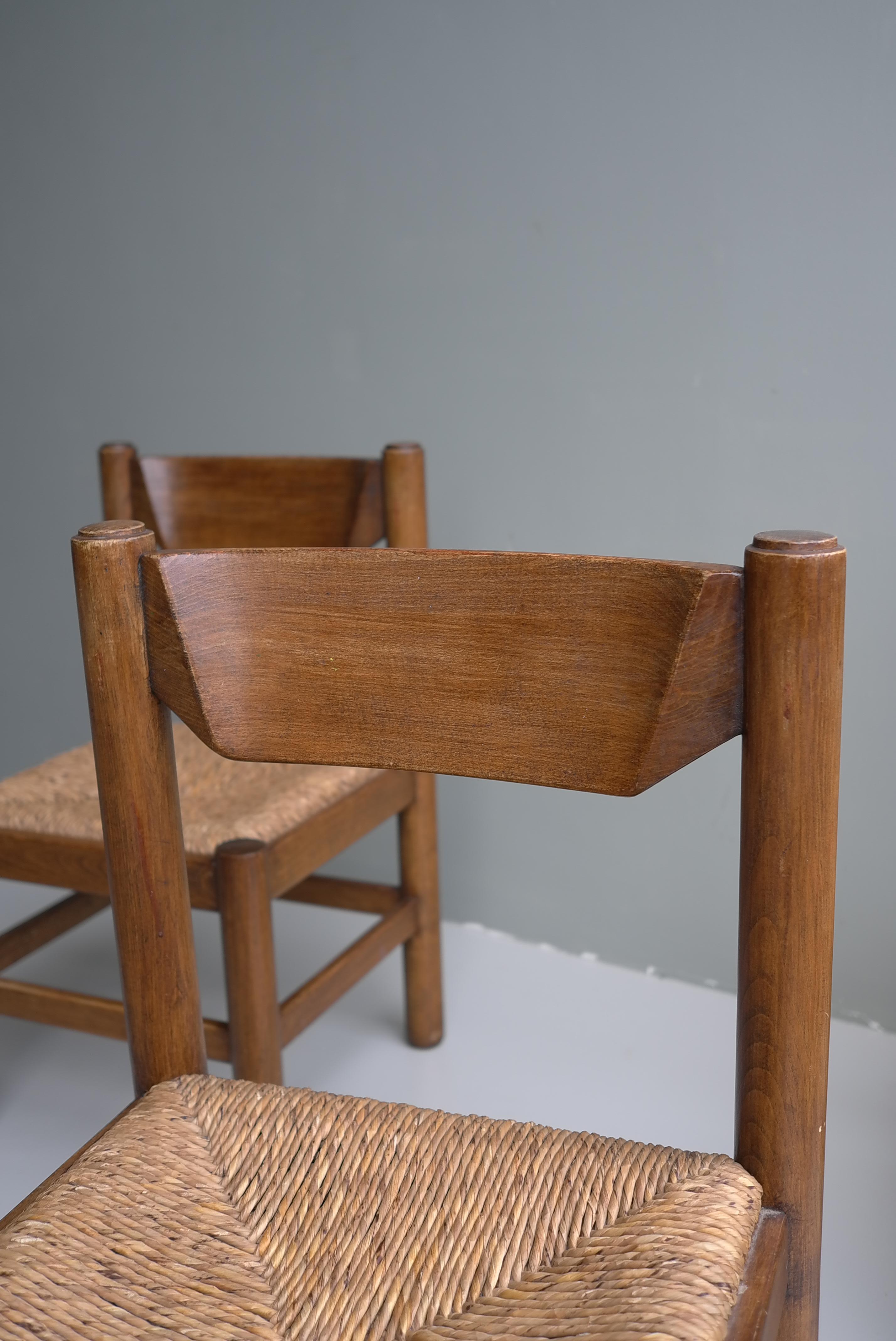 Set of Six Wood and Rush Chairs in Style of Charlotte Perriand, France, 1960 3