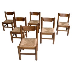 Set of Six Wood and Rush Chairs in Style of Charlotte Perriand, France, 1960