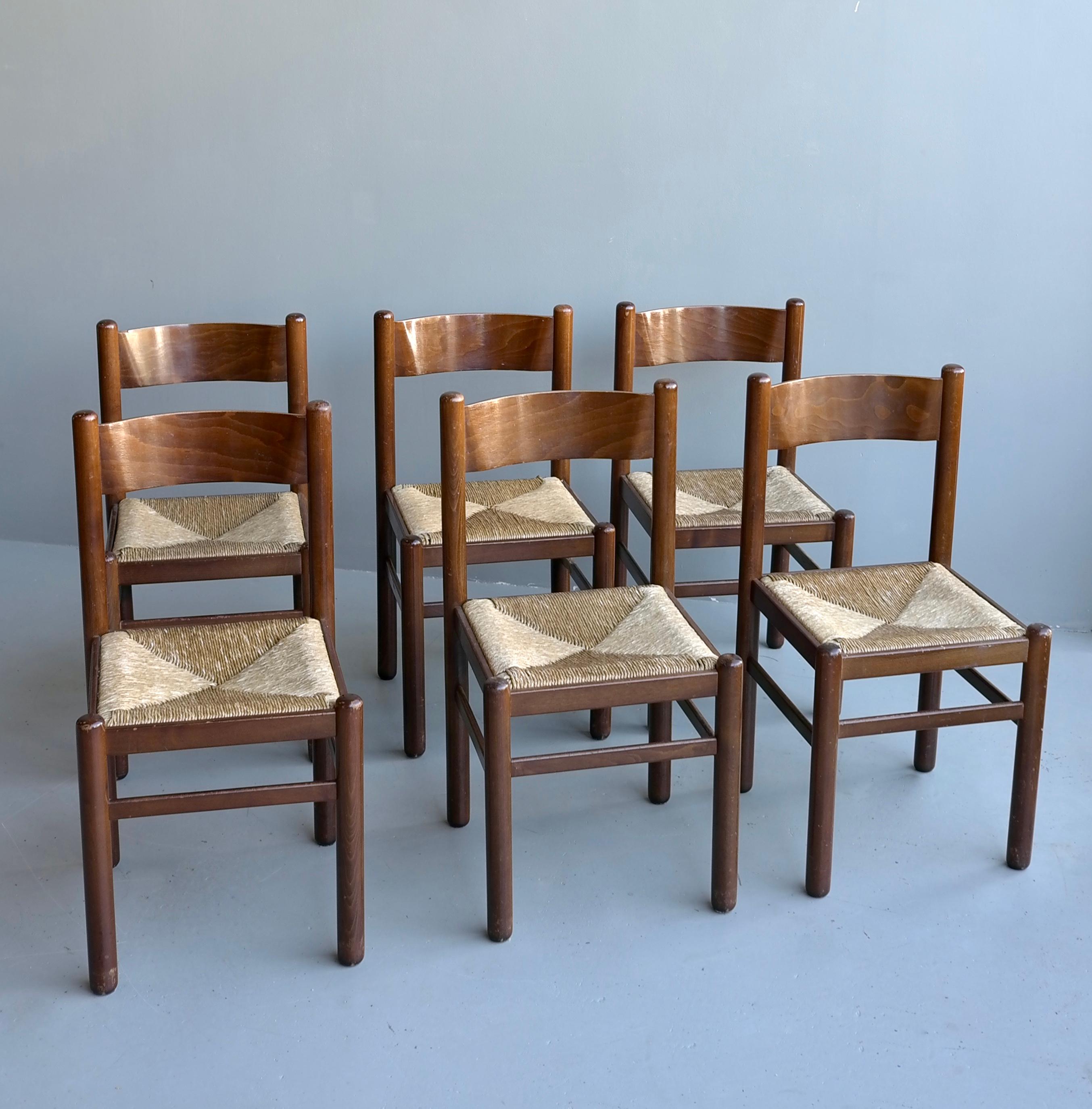 Set of six wood and rush chairs in style of Charlotte Perriand, France, 1960's.