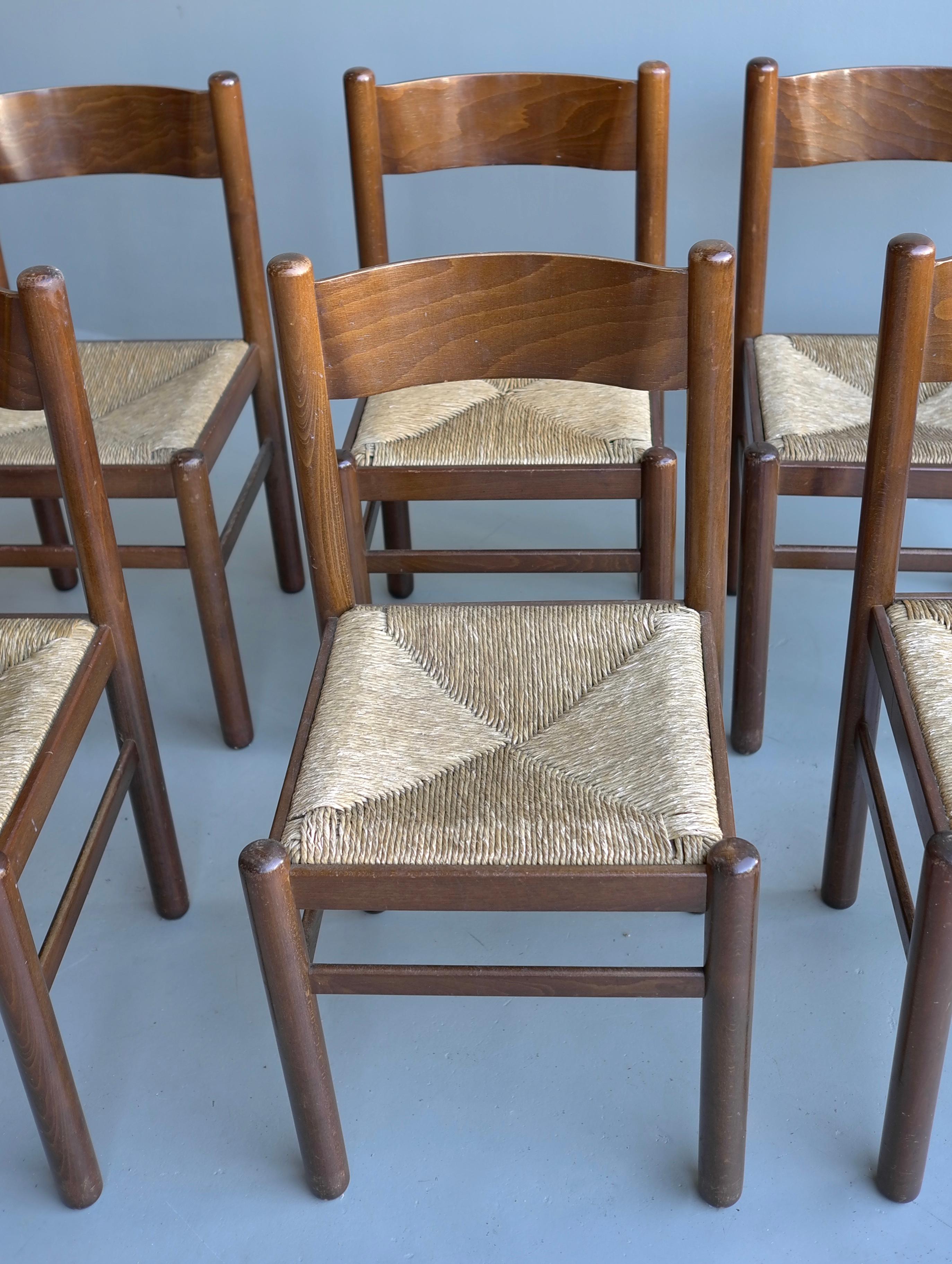 Mid-Century Modern Set of Six Wood and Rush Chairs in Style of Charlotte Perriand, France, 1960's