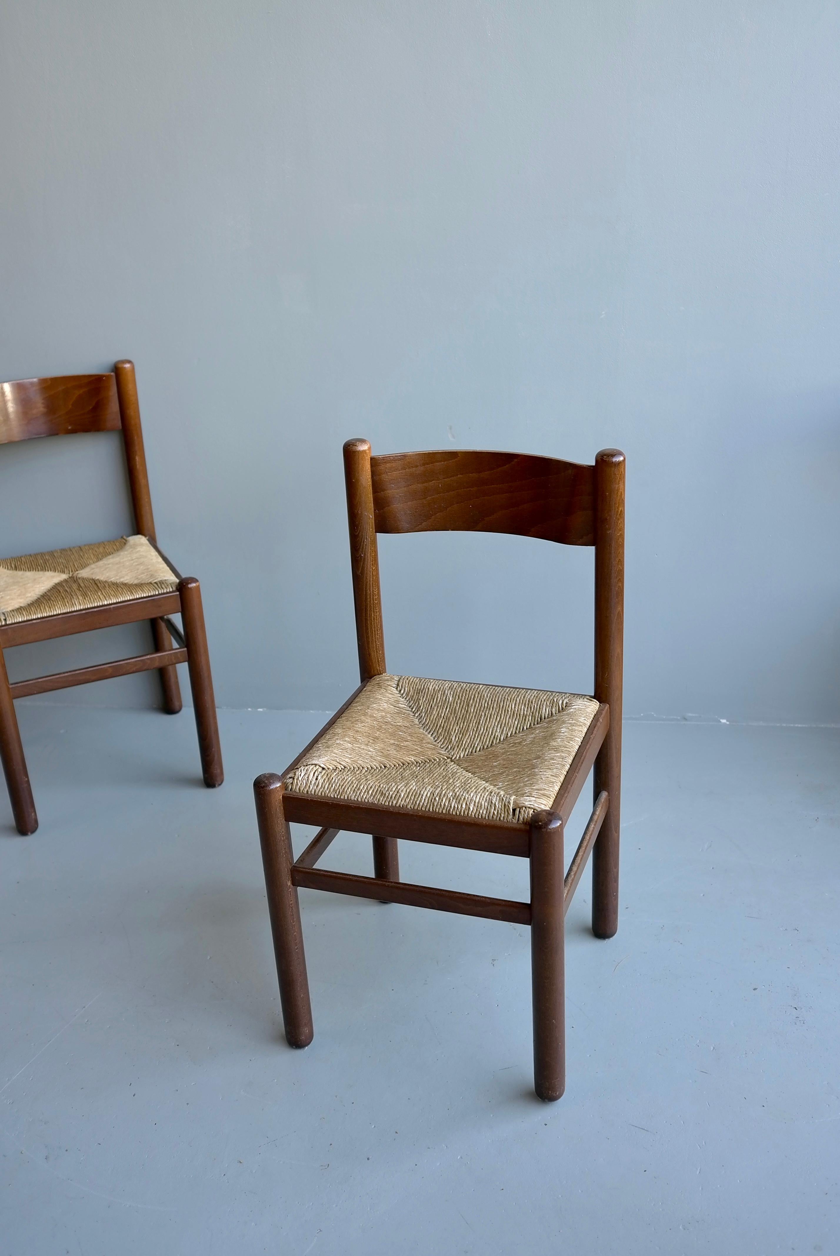 French Set of Six Wood and Rush Chairs in Style of Charlotte Perriand, France, 1960's