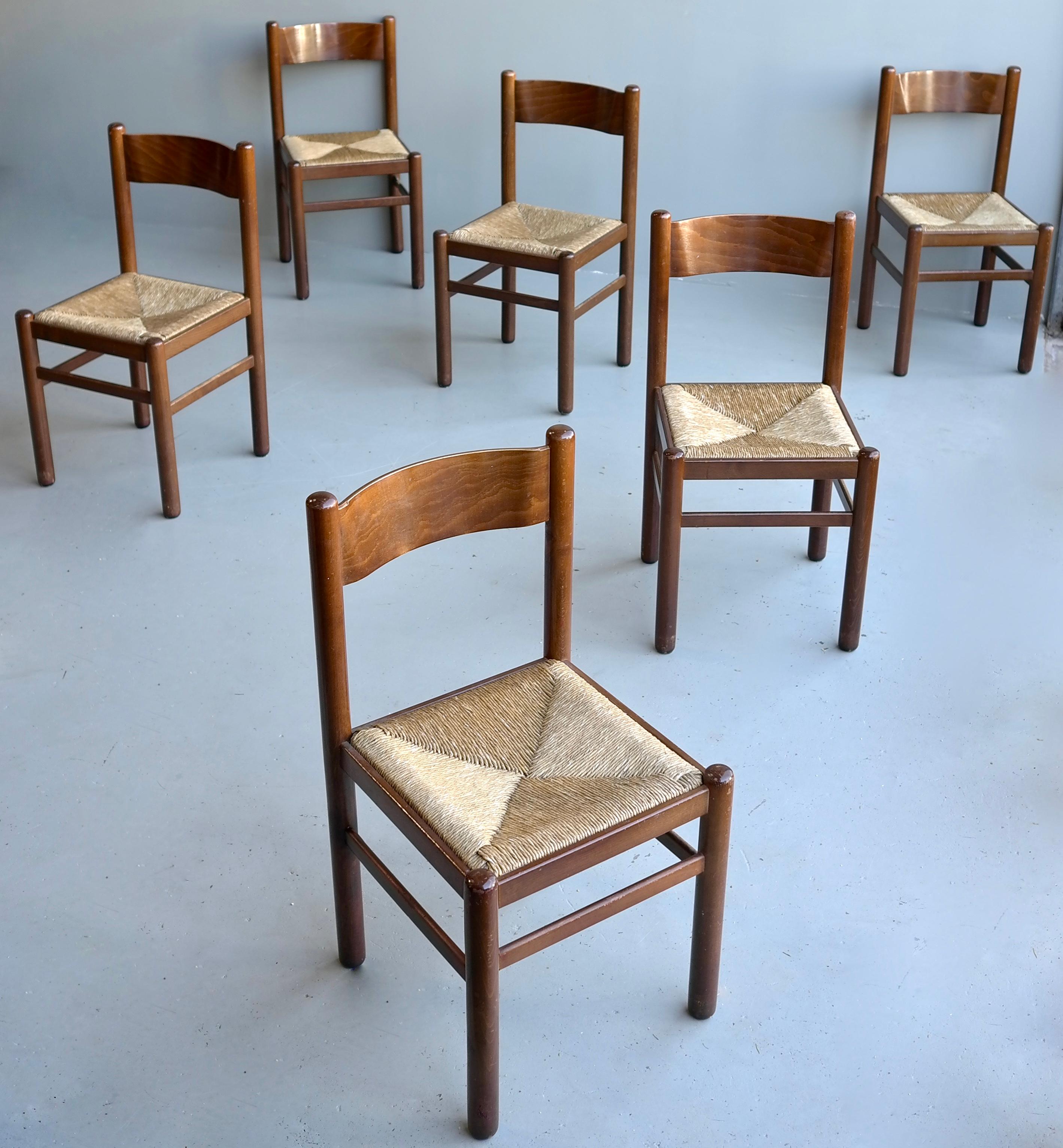 Set of Six Wood and Rush Chairs in Style of Charlotte Perriand, France, 1960's In Good Condition In Den Haag, NL