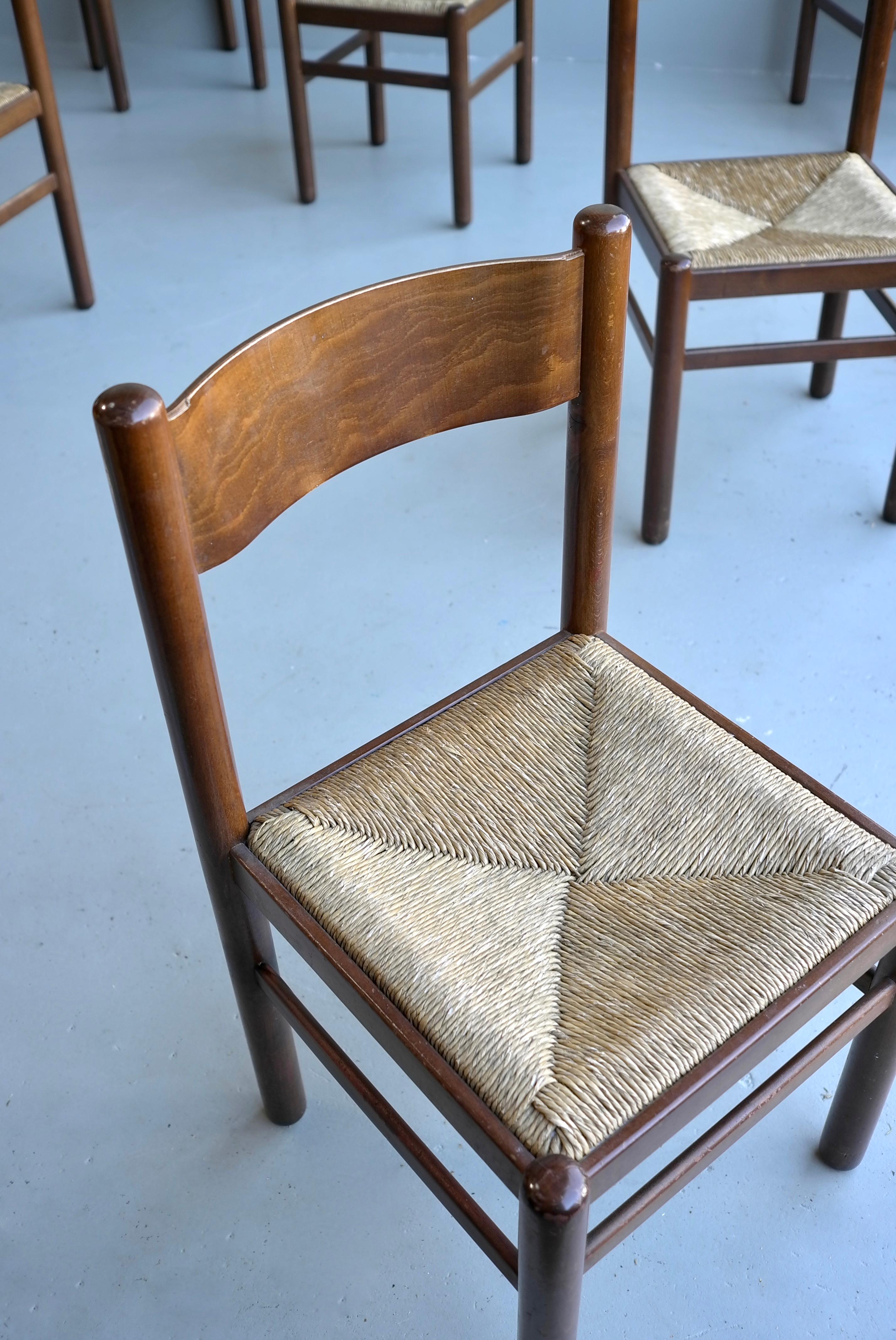 Mid-20th Century Set of Six Wood and Rush Chairs in Style of Charlotte Perriand, France, 1960's