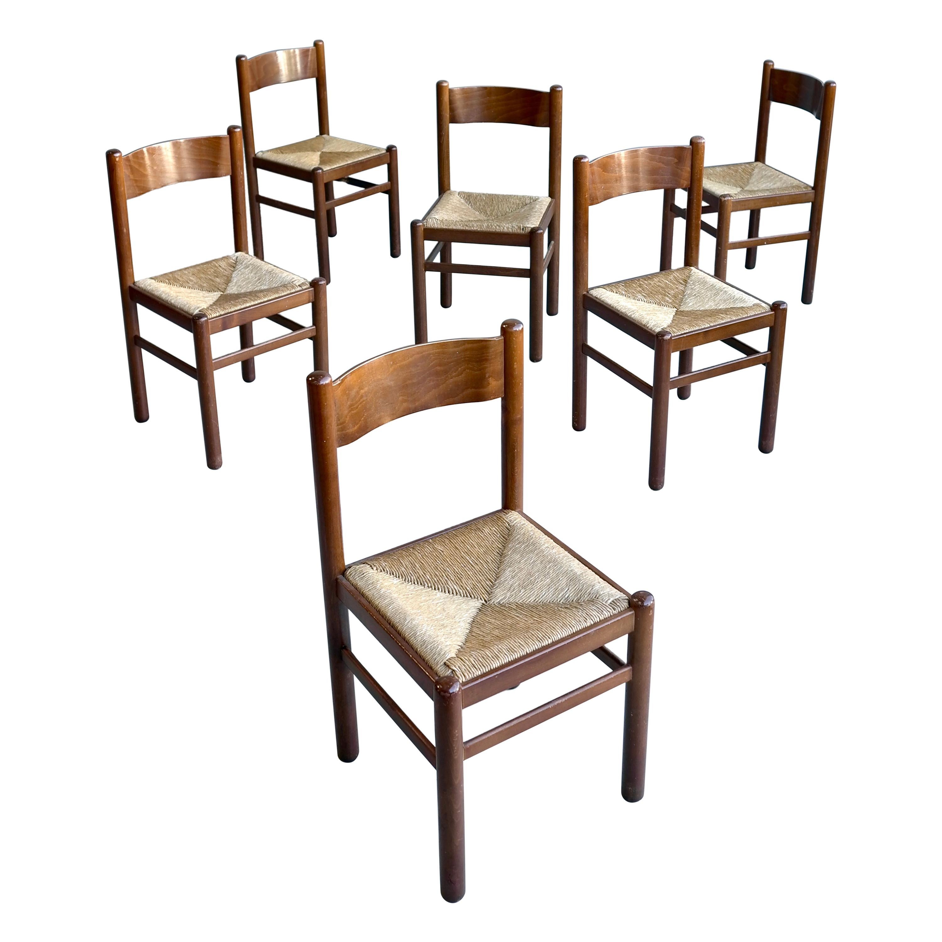 Set of Six Wood and Rush Chairs in Style of Charlotte Perriand, France, 1960's