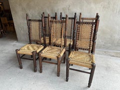 Set of Six Wood & Rope Audoux and Minet Style Dining Chairs, France, 1950s