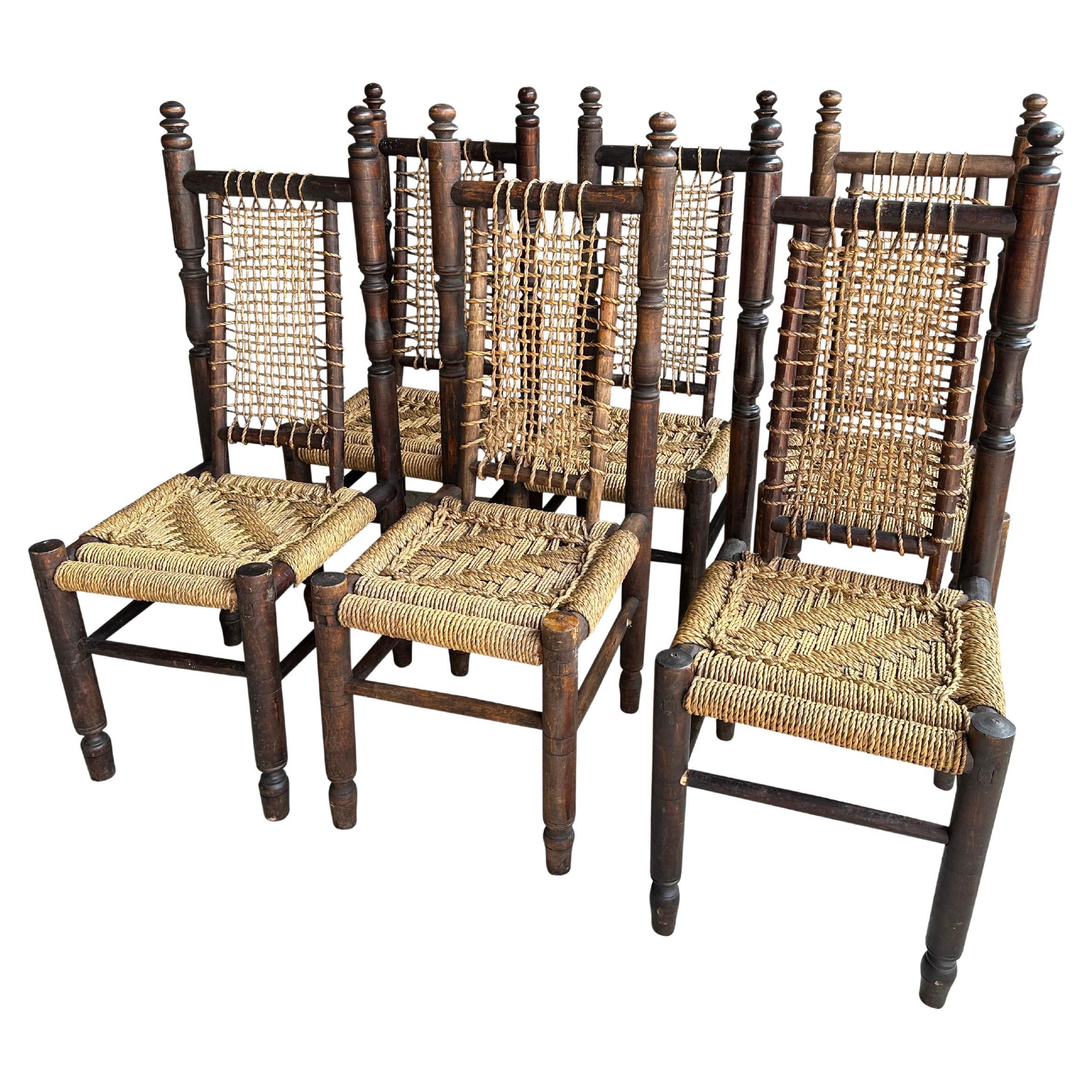 Sechs Esszimmerstühle aus Holz und Seil im Stil von Audoux und Minet, Frankreich, 1950er Jahre im Angebot