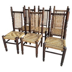Sechs Esszimmerstühle aus Holz und Seil im Stil von Audoux und Minet, Frankreich, 1950er Jahre