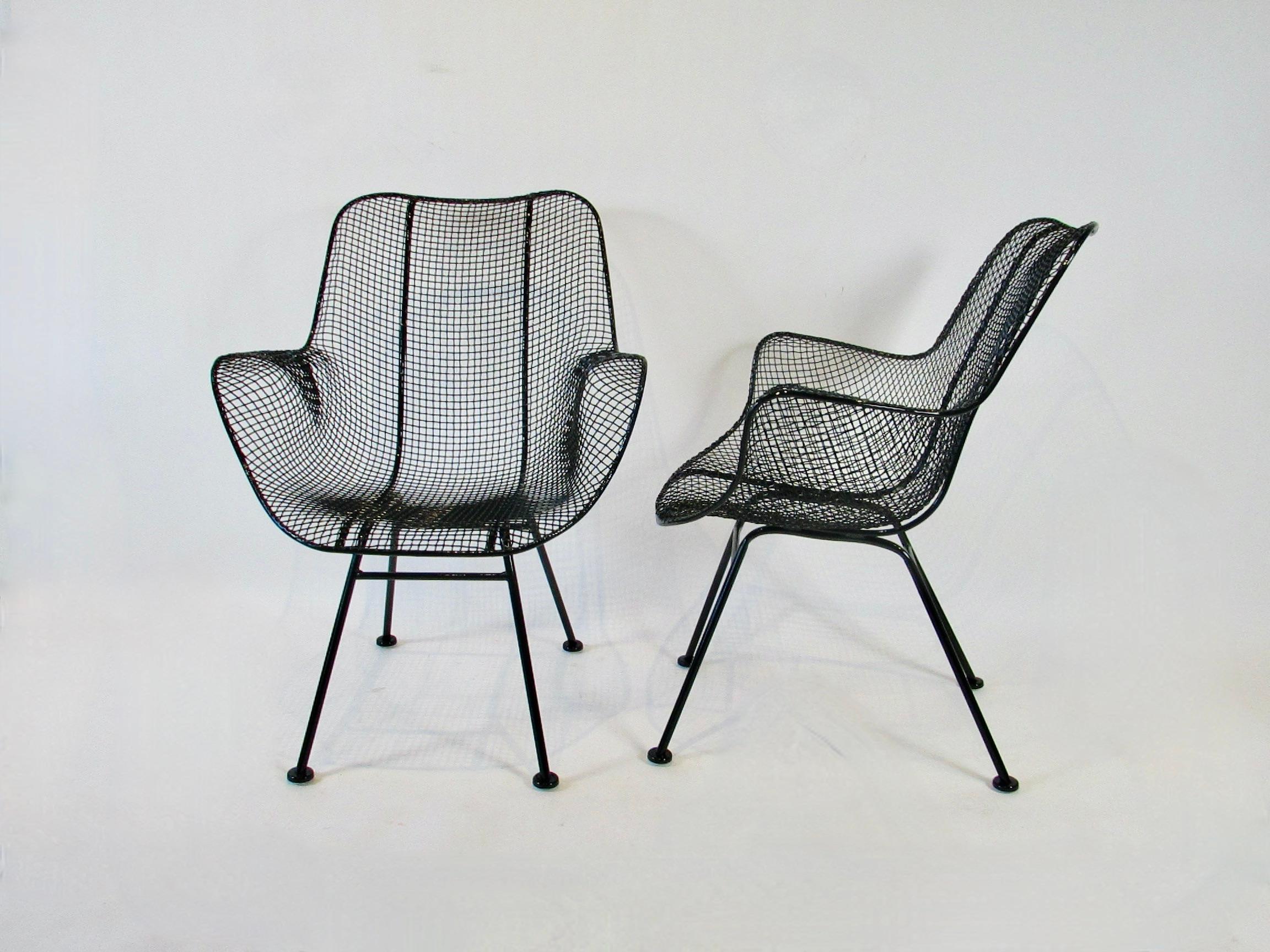Mid-Century Modern Set of six Woodard Sculptura wrought iron tall back dining height chairs For Sale