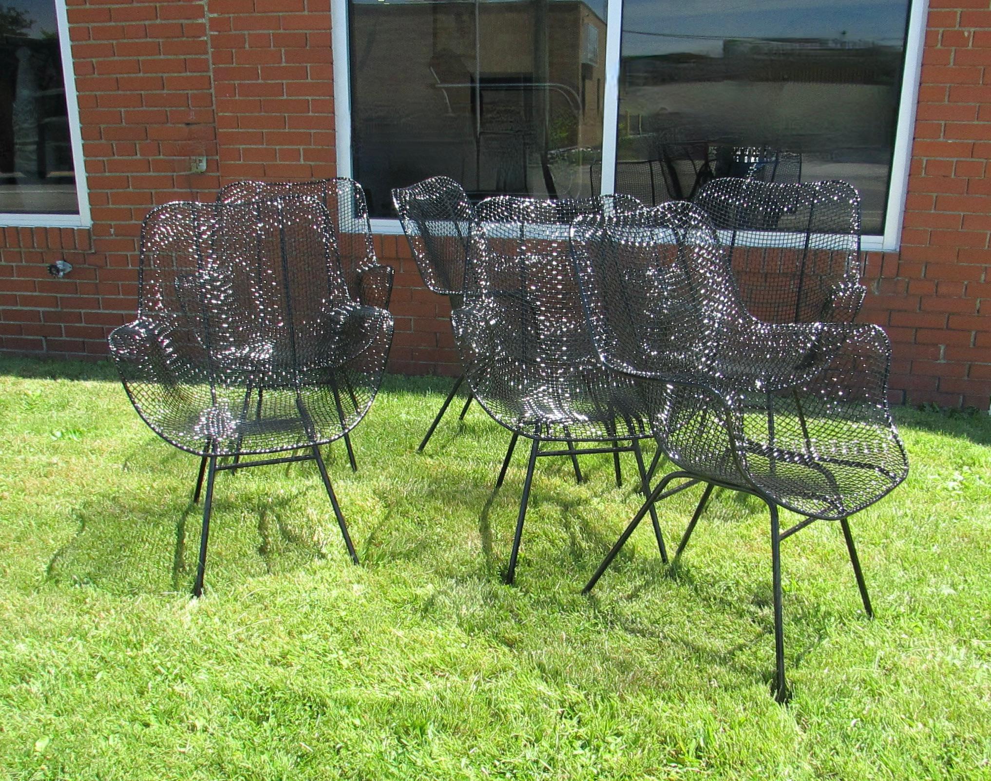Wrought Iron Set of six Woodard Sculptura wrought iron tall back dining height chairs For Sale
