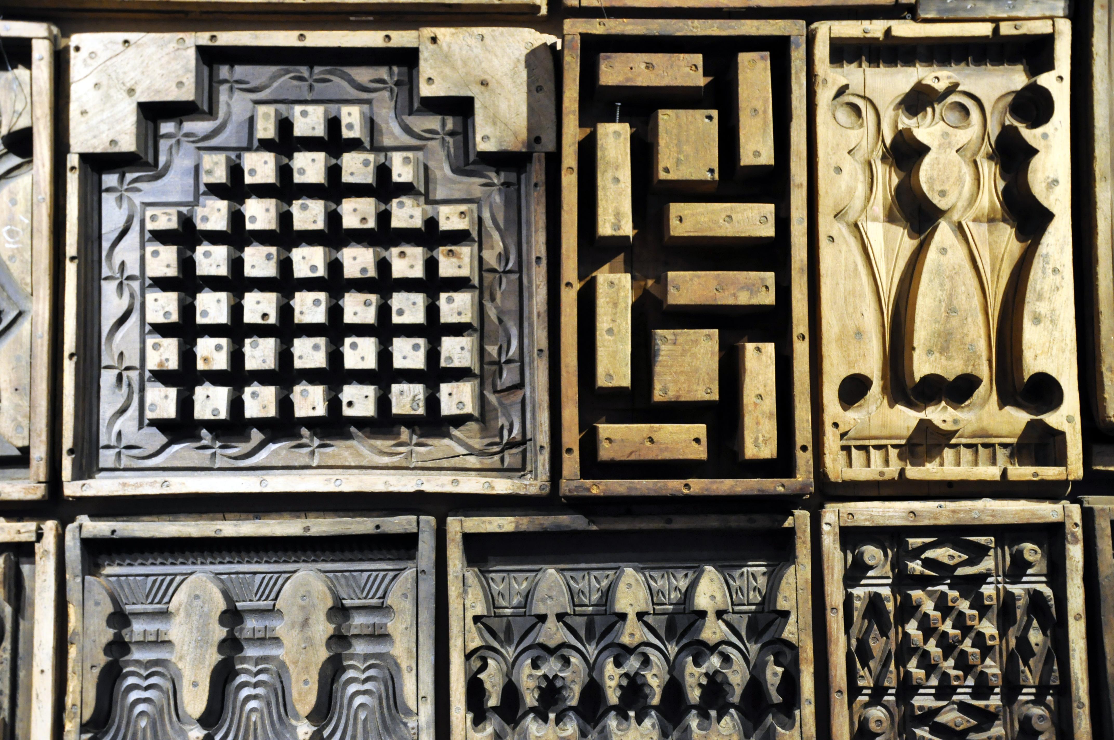 Wooden cement molds from India, circa 20th century. Customizable arrangements. Call for additional info; custom configurations are possible. The price is for this particular arrangement. Wear consistent with age and use.
 