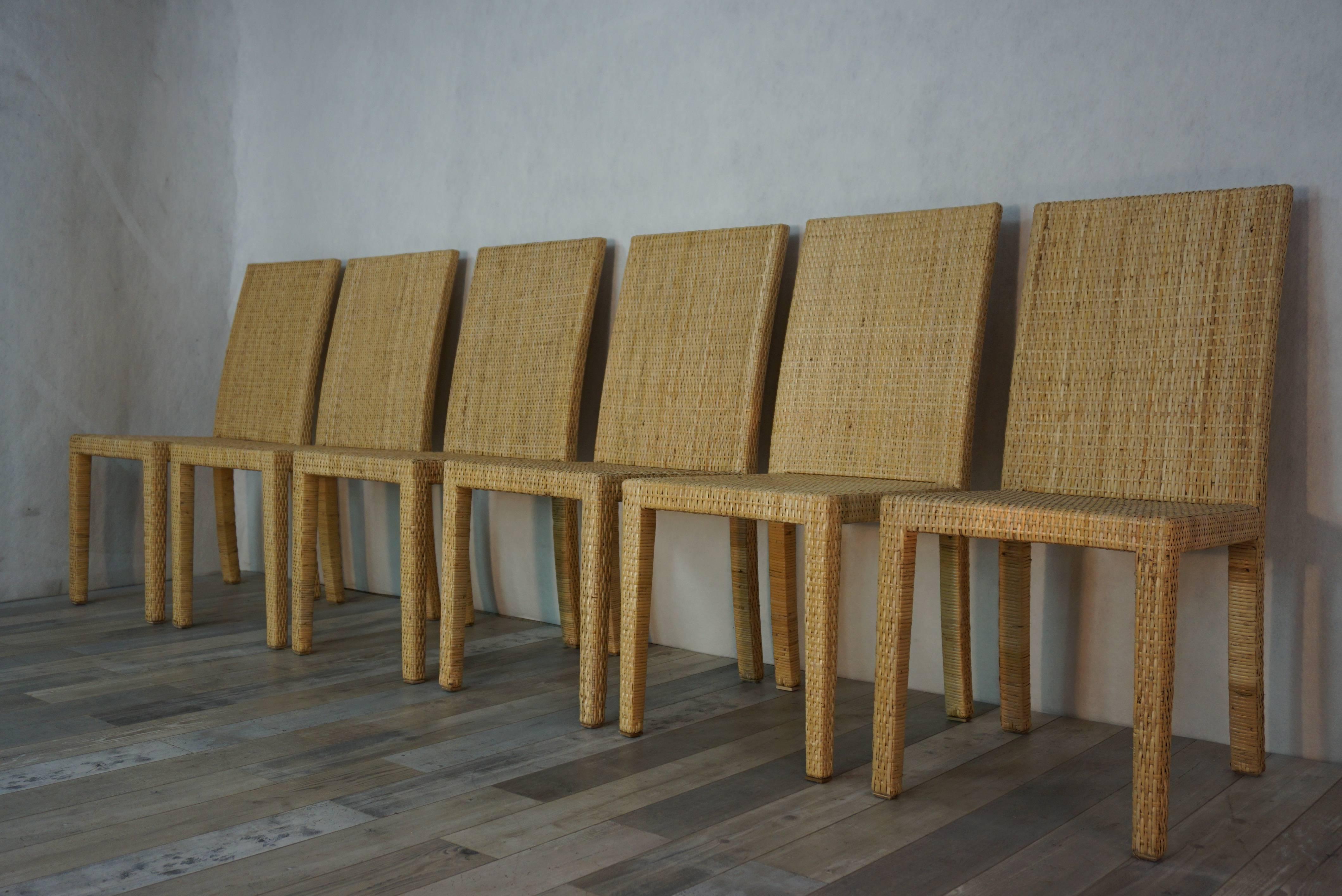 Art Deco Set of Six Wooden Chairs Rattan 1935, Jean-Michel Frank for Ecart International For Sale
