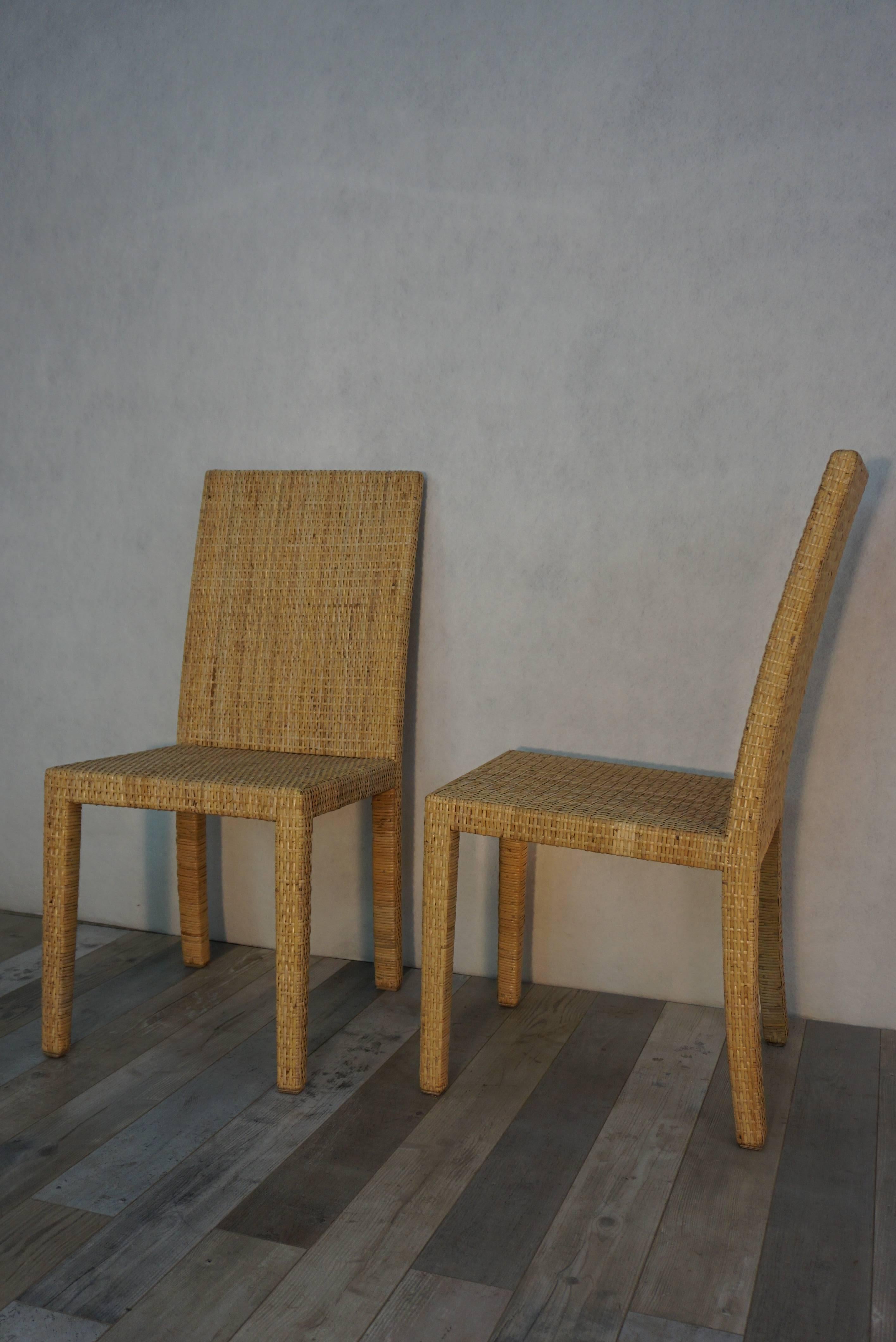 French Set of Six Wooden Chairs Rattan 1935, Jean-Michel Frank for Ecart International For Sale