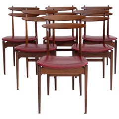 Set of Six Wooden Dining Chairs with Burgundy Seats