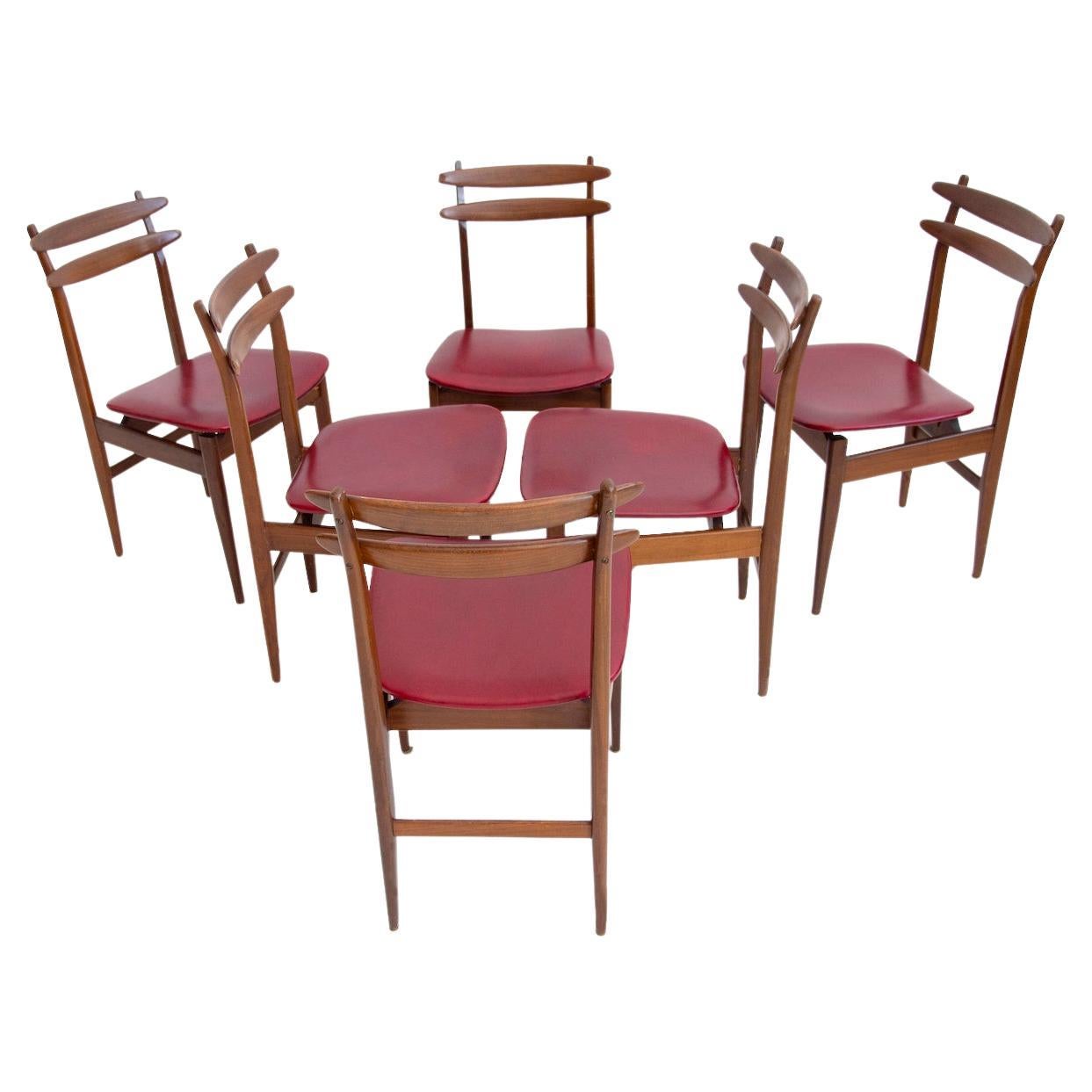 Set of Six Wooden Dining Chairs with Burgundy Seats