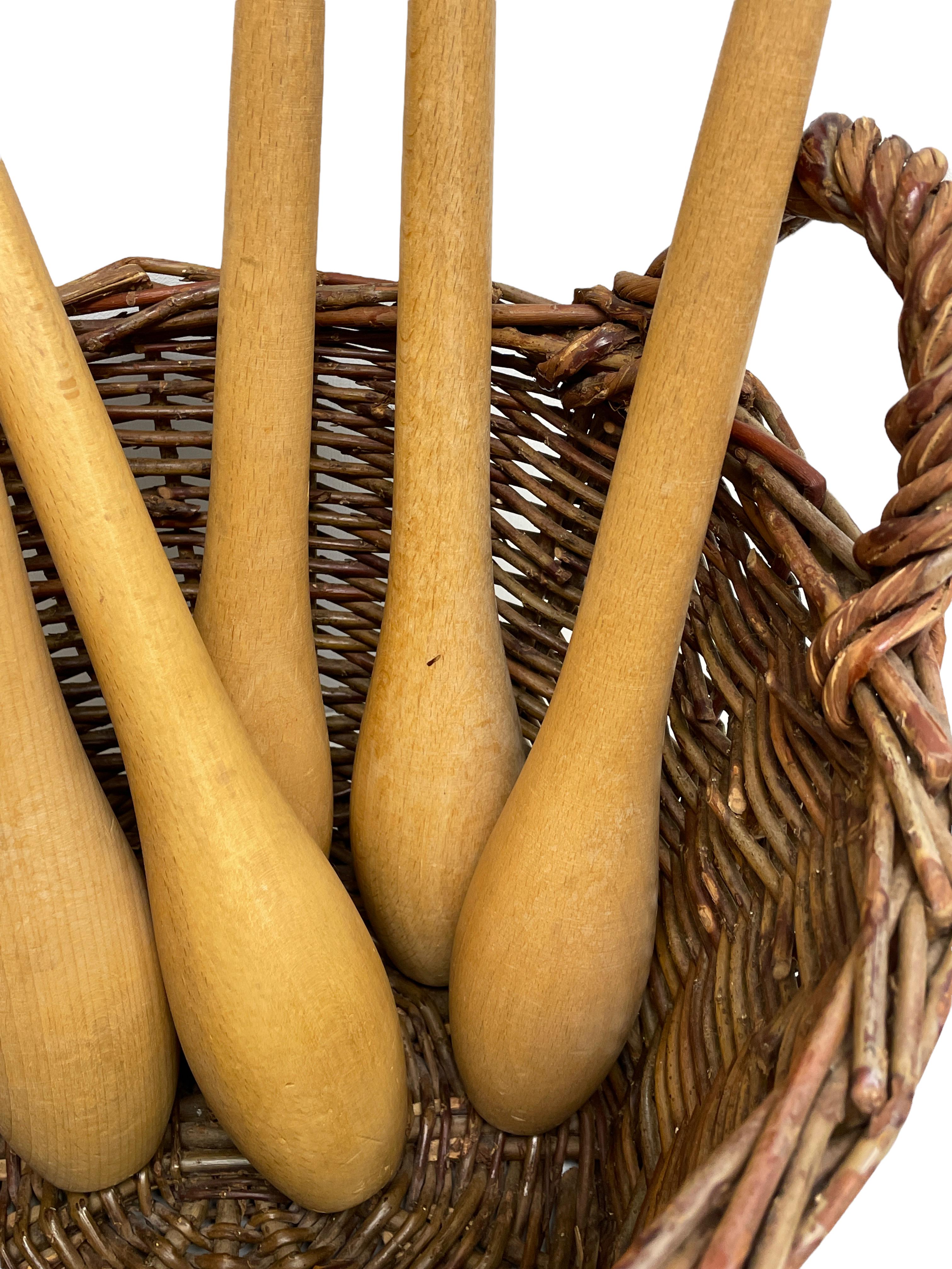 Set of Six wooden Gymnastic Clubs, with Storage Wicker Basket, Vintage German For Sale 6