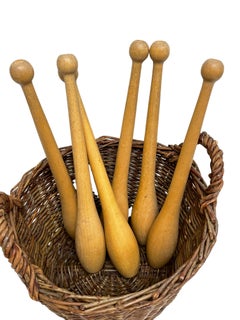Set of Six wooden Gymnastic Clubs, with Storage Wicker Basket, Vintage German