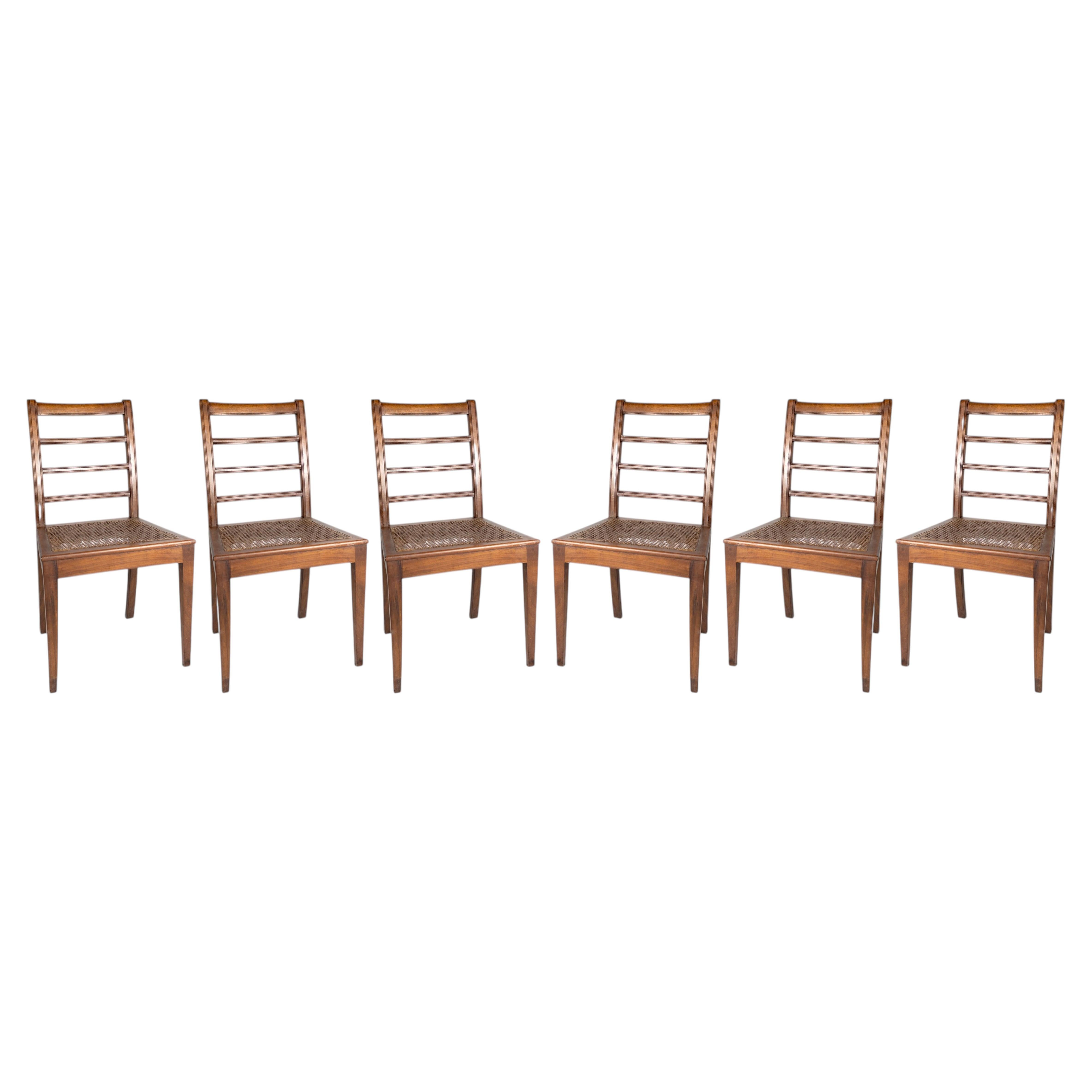 Set of Six Wooden Ladder Back Dining Chairs with Cane Seats