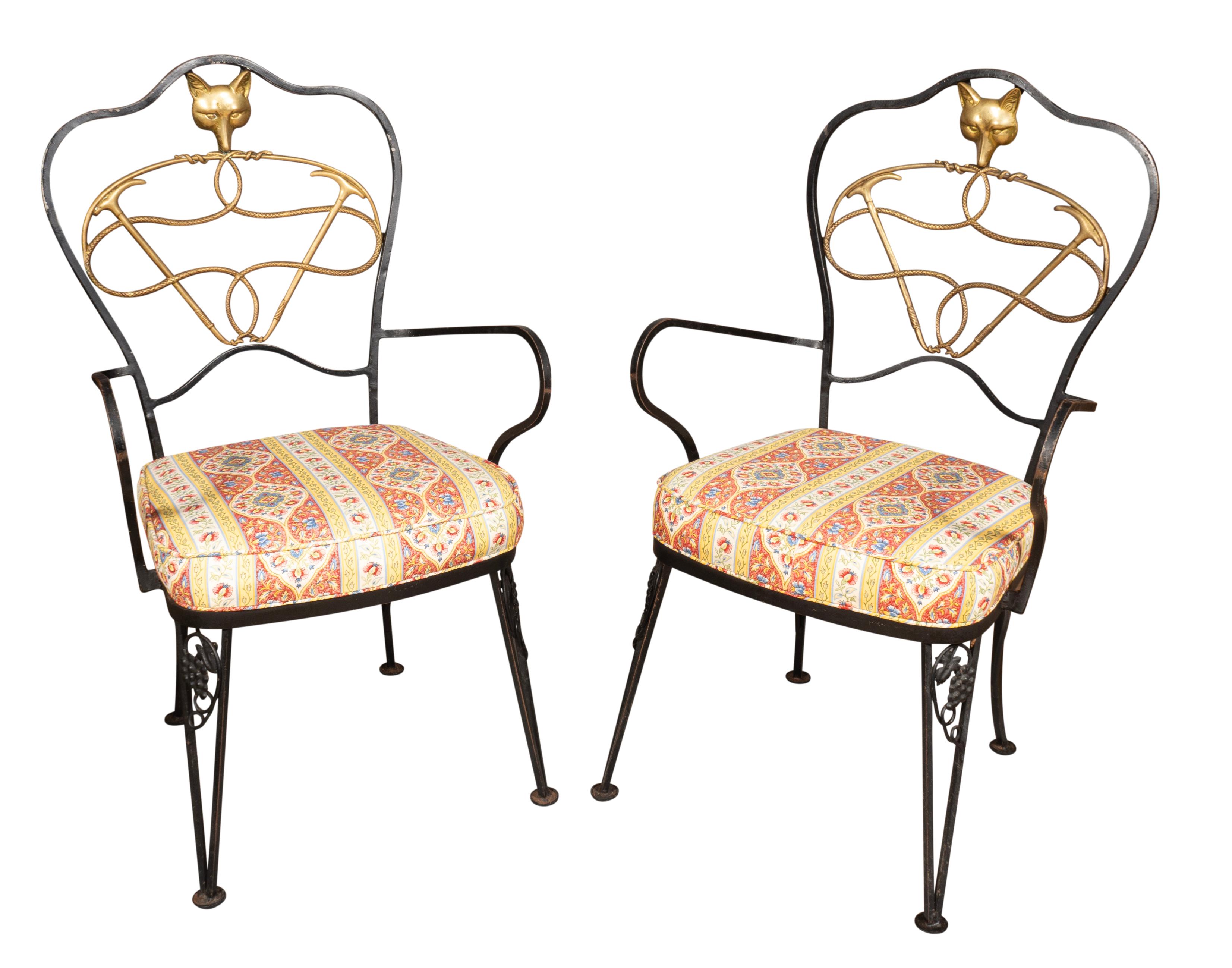 American Set Of Six Wrought Iron And Brass Dining Chairs With Fox Hunting Theme For Sale