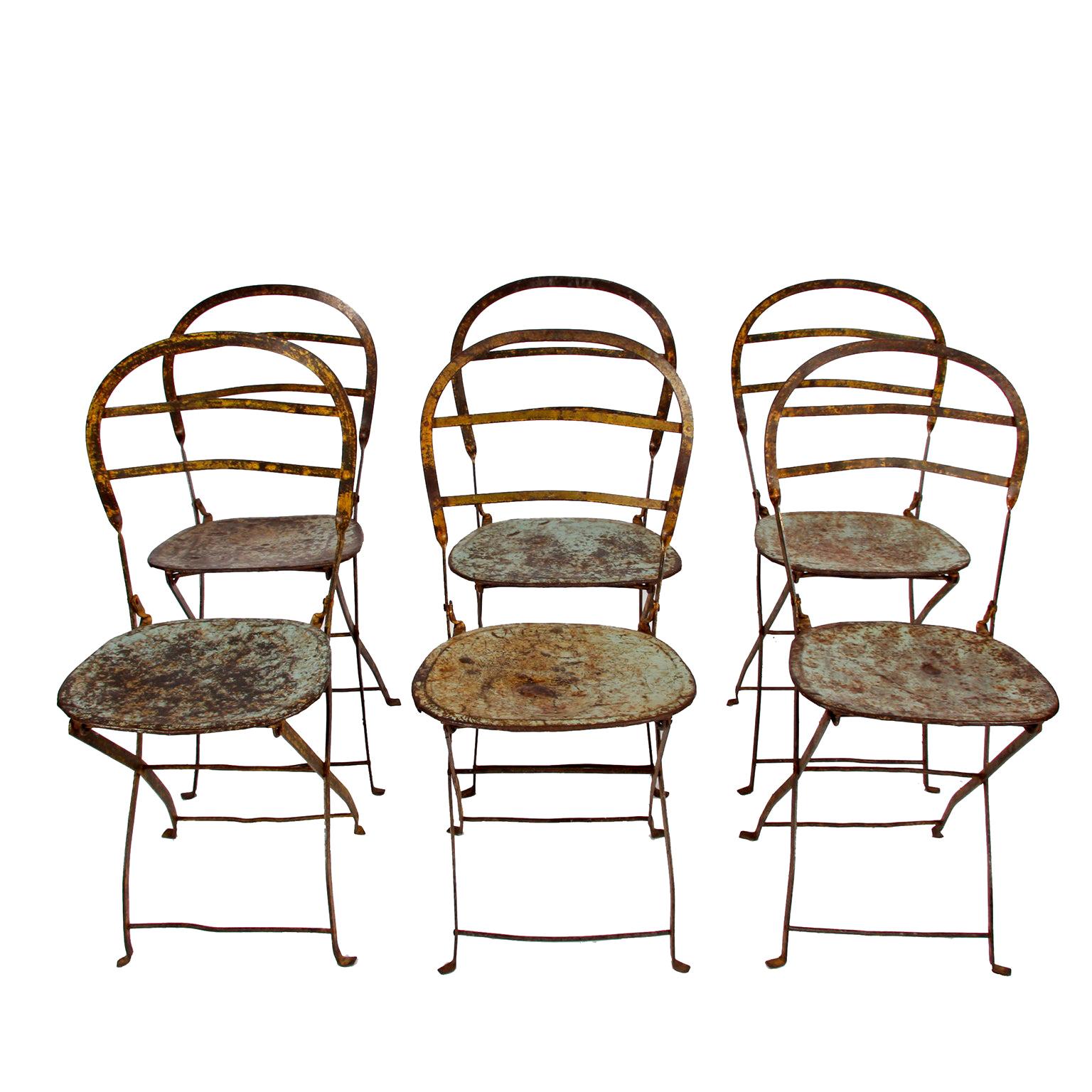 Set of Six Wrought Iron and Steel Folding Chairs For Sale