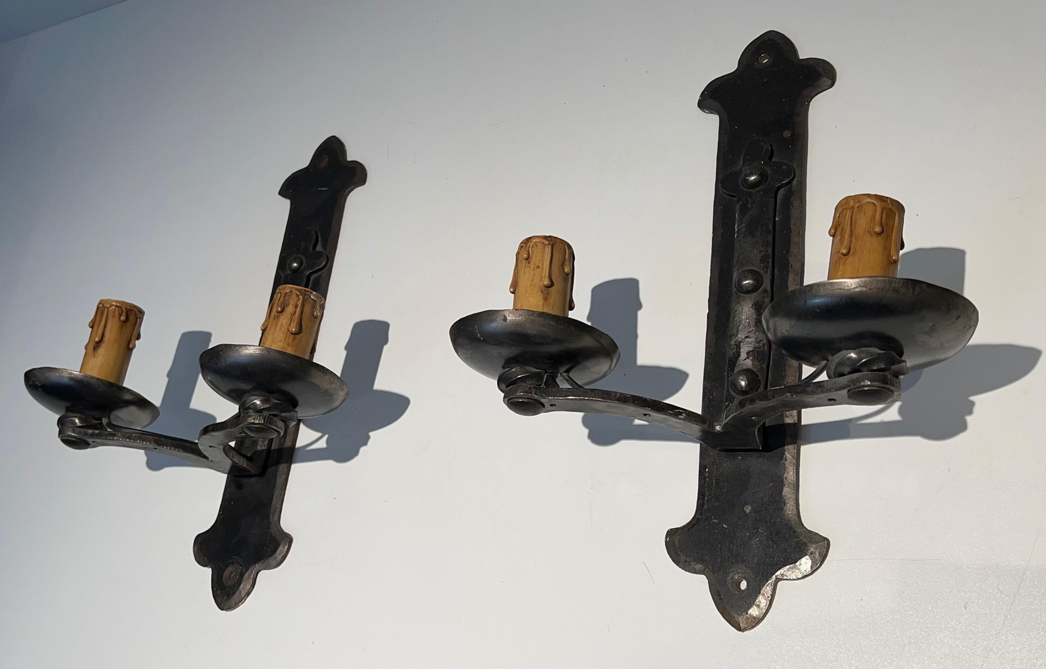 Mid-20th Century Set of Six Wrought Iron Wall Lights in the Gothic Style. Circa 1950 For Sale