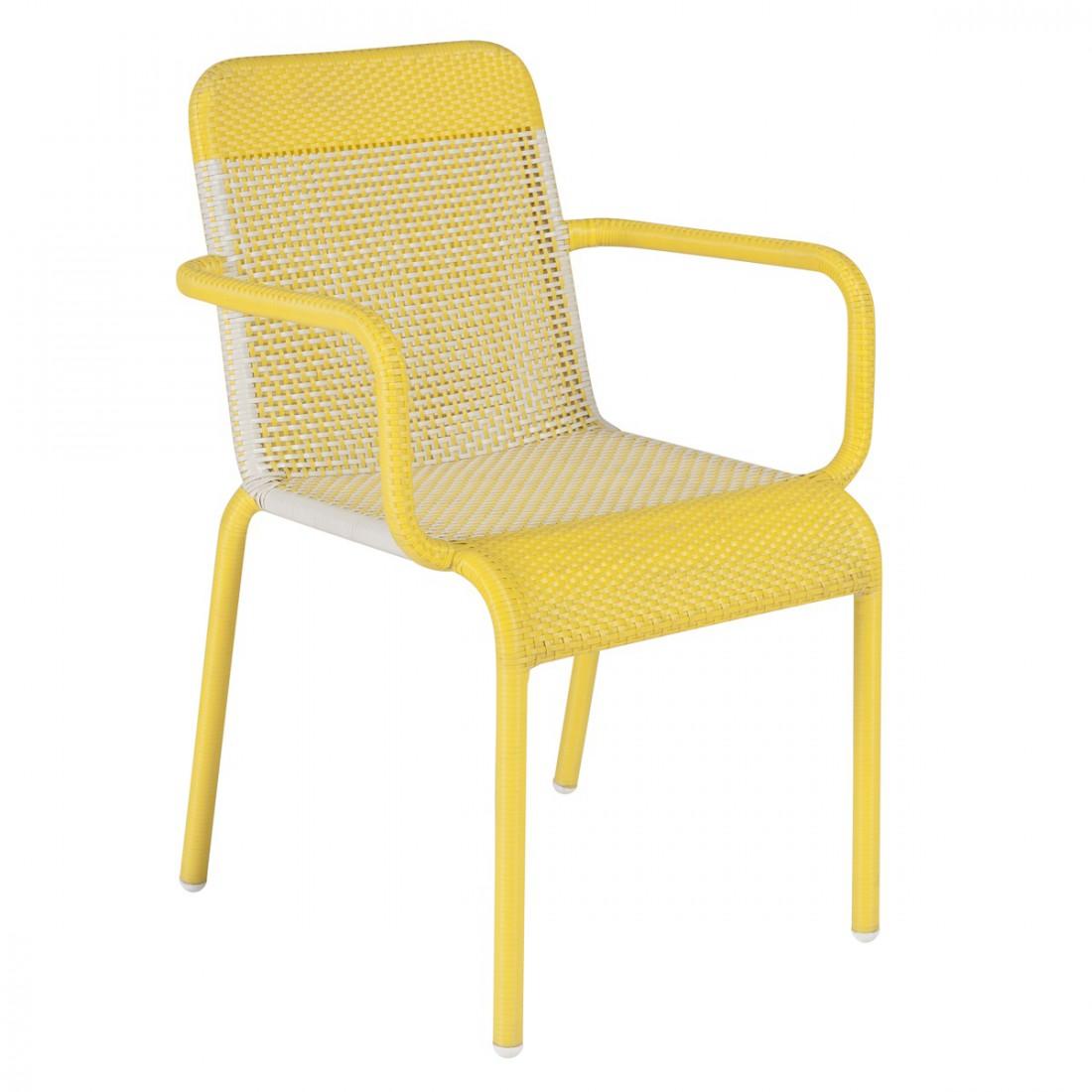 French Set of Six Yellow and White Resin Outdoor Armchairs