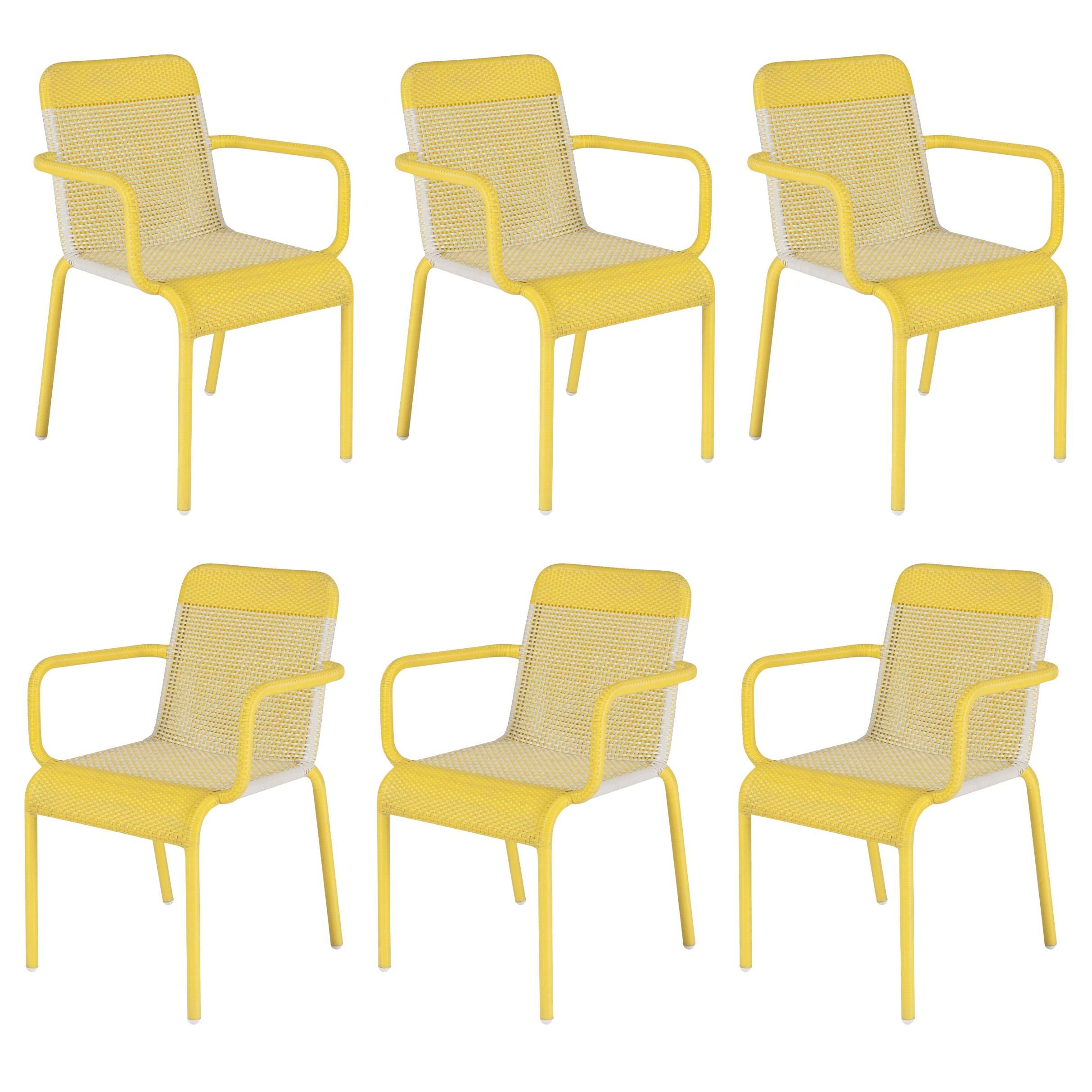 Set of Six Yellow and White Resin Outdoor Armchairs