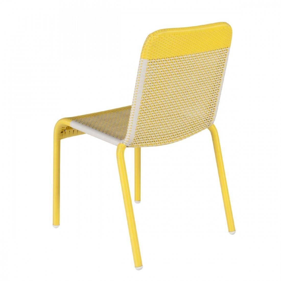 Set of six yellow braided resin chairs indoor/outdoor. Design and retro style, practical (stackable!) They will be perfect on your terrace, in your veranda, around the swimming-pool, your winter garden, even around the dining table! Never used.