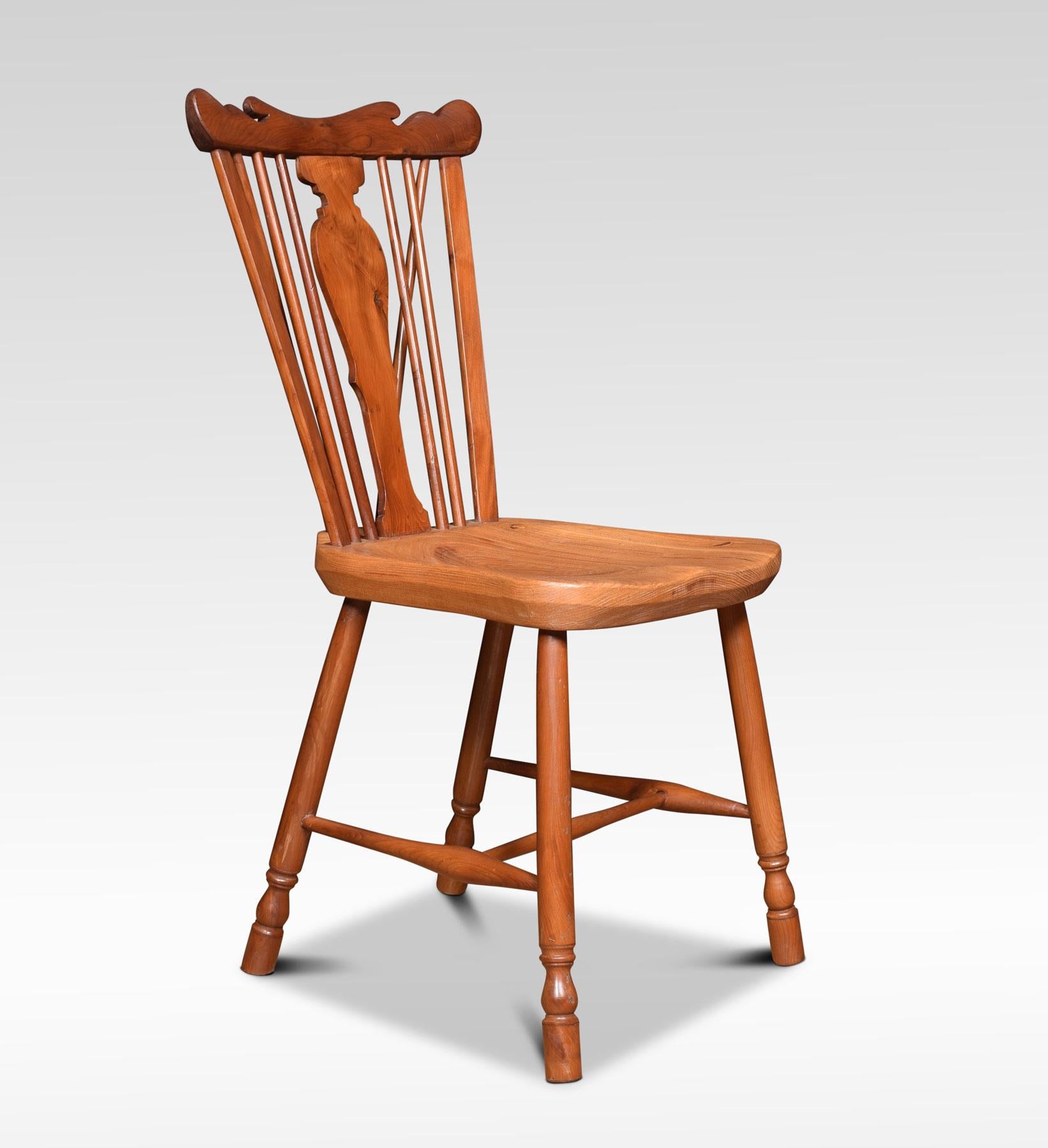 Six yew and elm framed Windsor chairs, the backs with carved crests, spindles and vase-shaped splats above solid wedge-back seats. All raised on turned legs united by H stretcher.
Dimensions:
Height 44 inches height to seat 21 inches
Length 23.5