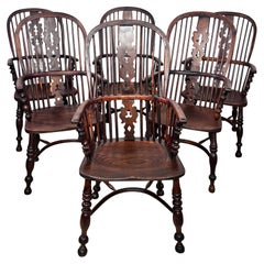 Set of Six Yew and Elm Wood Windsor Chairs, Late 18th - Early 19th Century