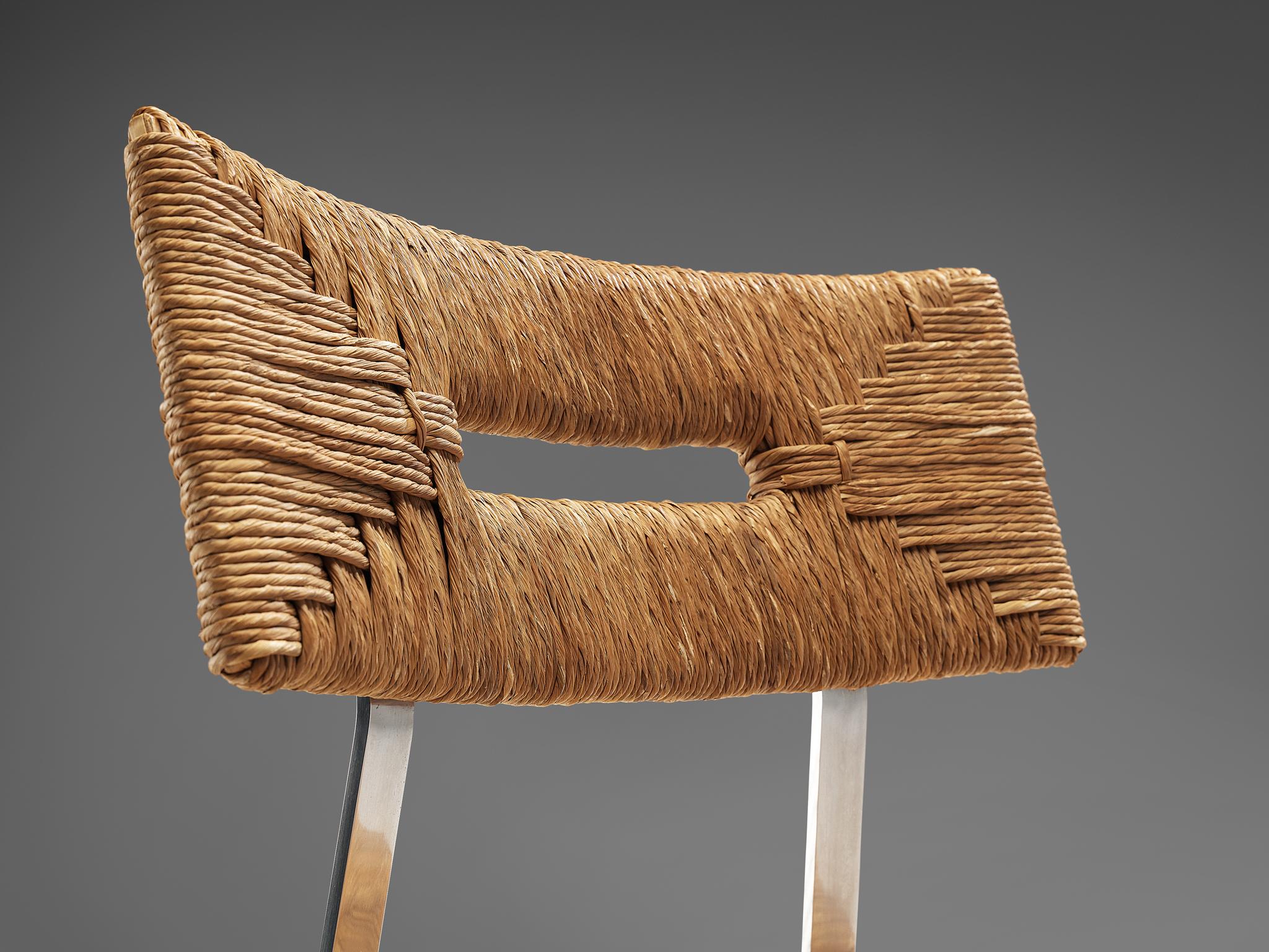 Set of Six Zig-Zag Dining Chairs in Metal and Straw Webbing 3