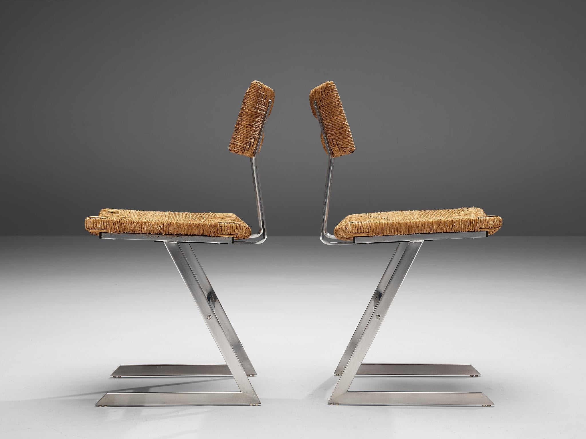 Mid-Century Modern Set of Six Zig-Zag Dining Chairs in Metal and Straw Webbing