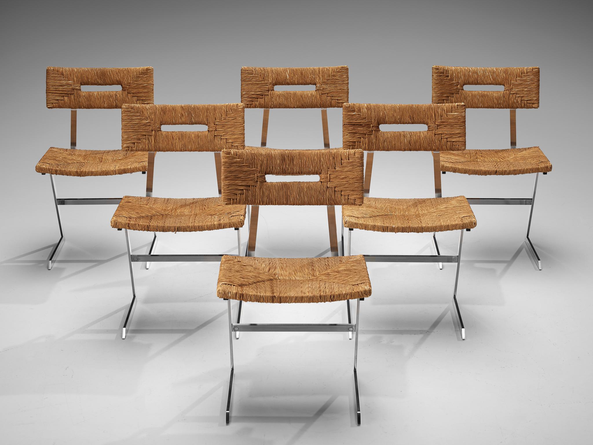 European Set of Six Zig-Zag Dining Chairs in Metal and Straw Webbing