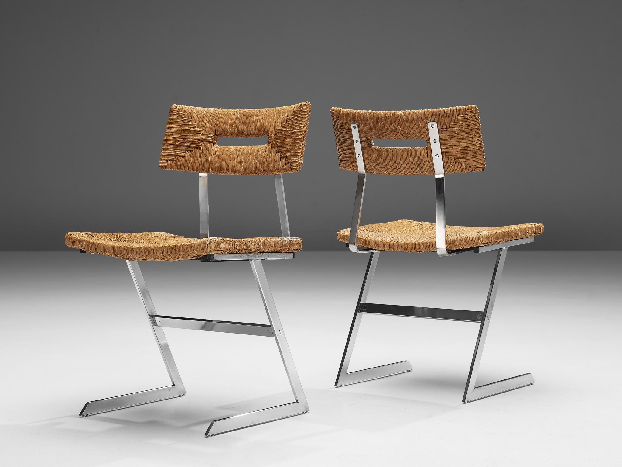 Set of Six Zig-Zag Dining Chairs in Metal and Straw Webbing In Good Condition In Waalwijk, NL