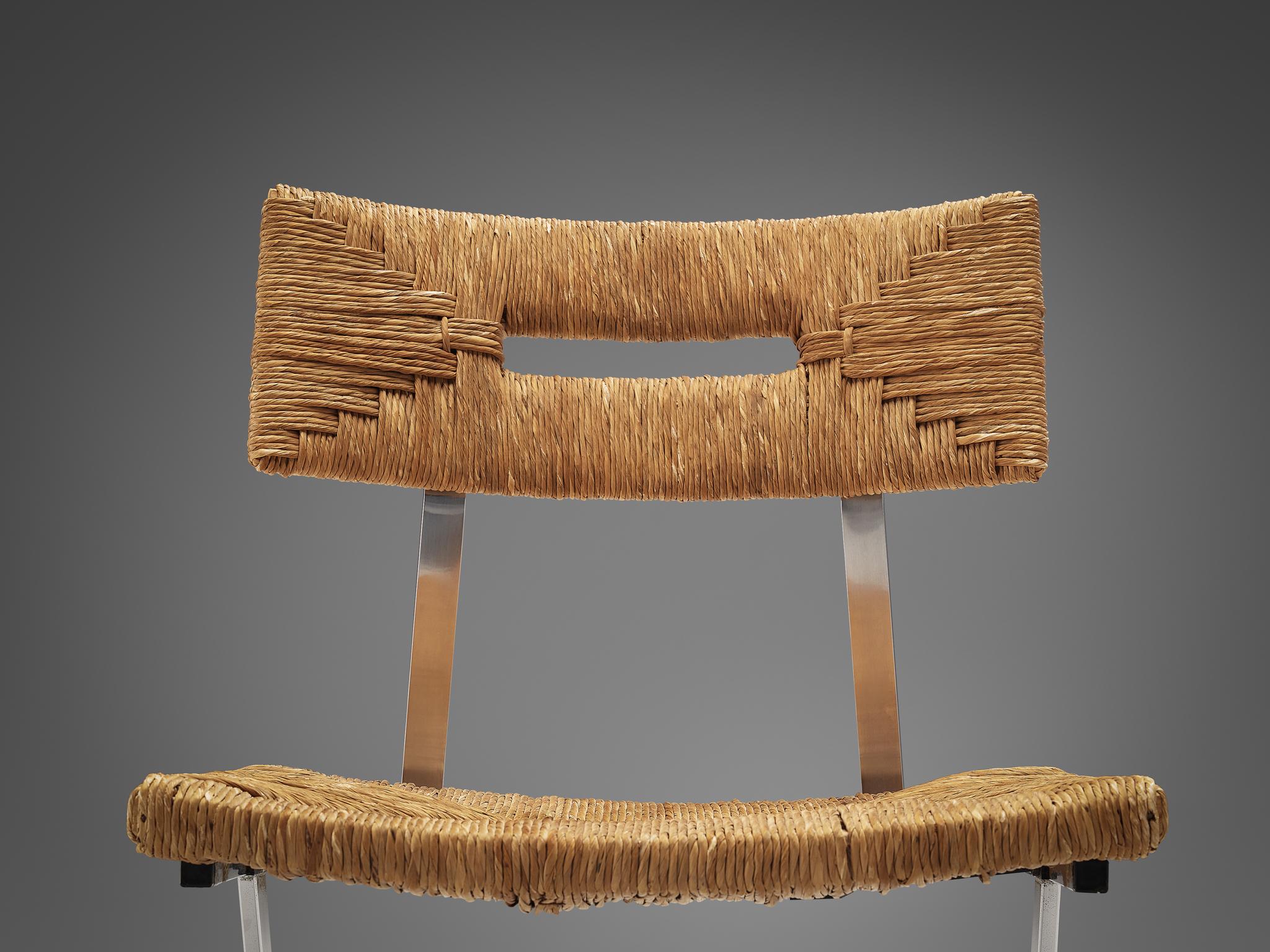 Mid-20th Century Set of Six Zig-Zag Dining Chairs in Metal and Straw Webbing