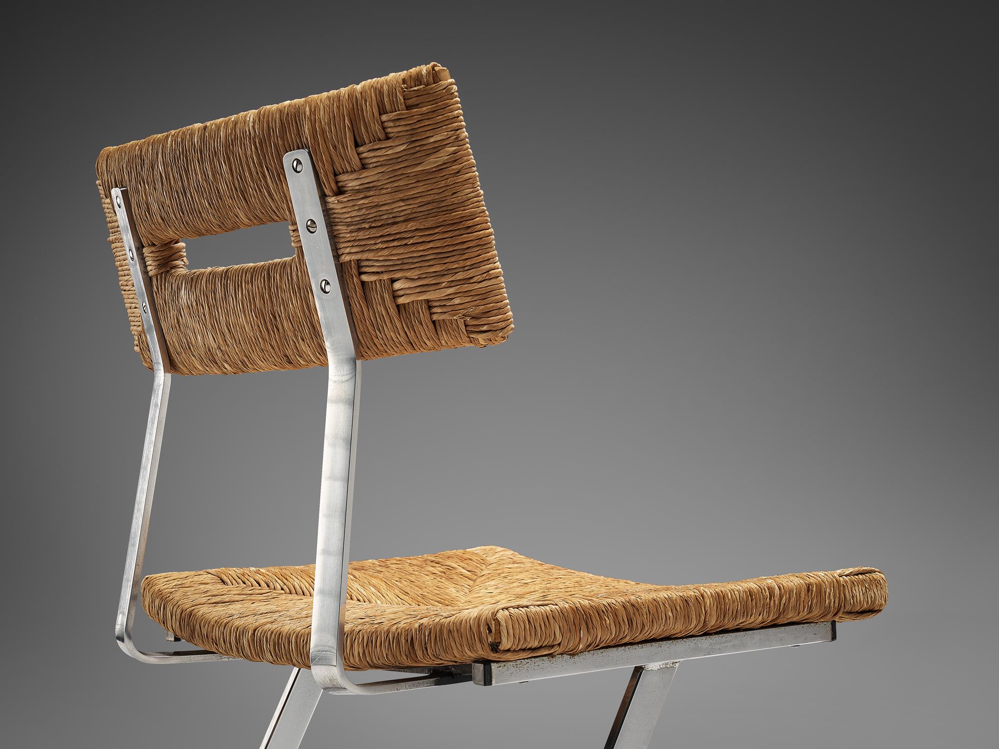 Set of Six Zig-Zag Dining Chairs in Metal and Straw Webbing 1