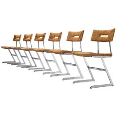 Ensemble de six chaises de salle à manger zigzag en métal et sangle de paille