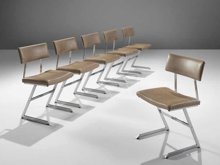 Set Of Six Zig Zag Steel And Taupe Leatherette Chairs