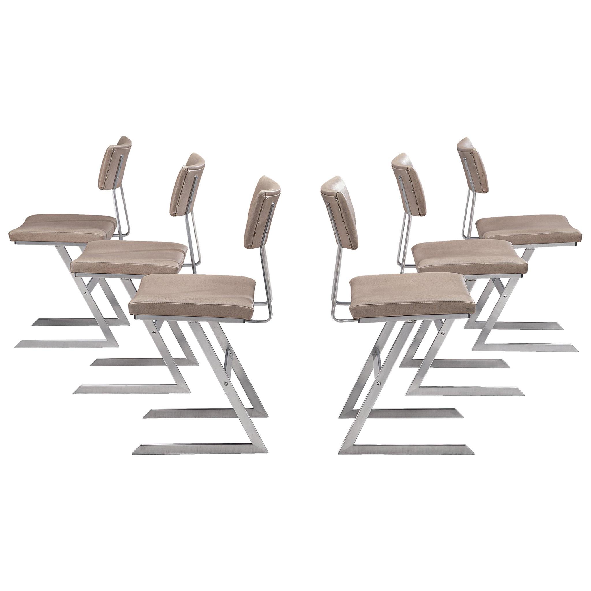 Set of Six 'Zig Zag' Steel and Taupe Leatherette Chairs