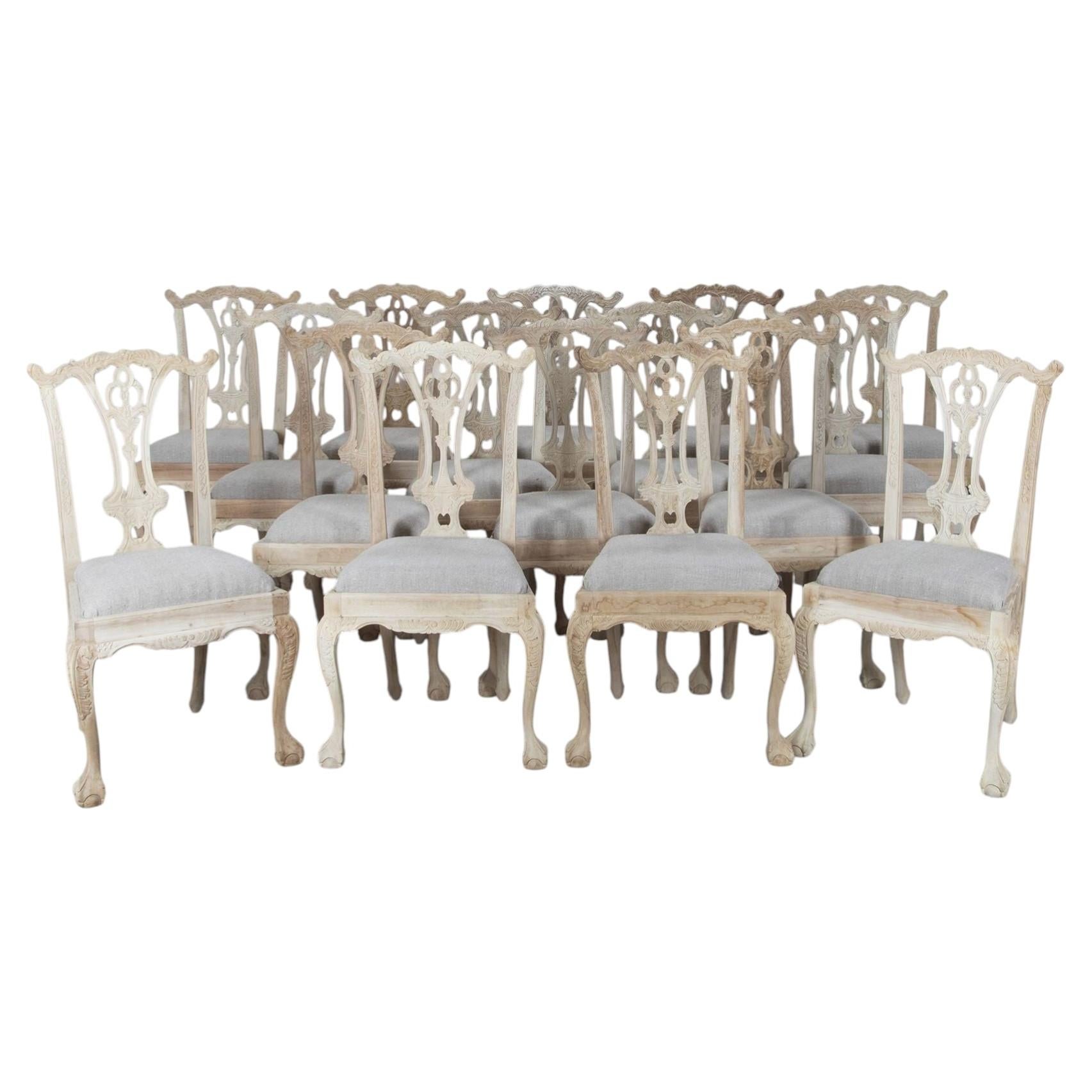 Set of Sixteen 20th Century Bleached Chippendale Style Dining Chairs