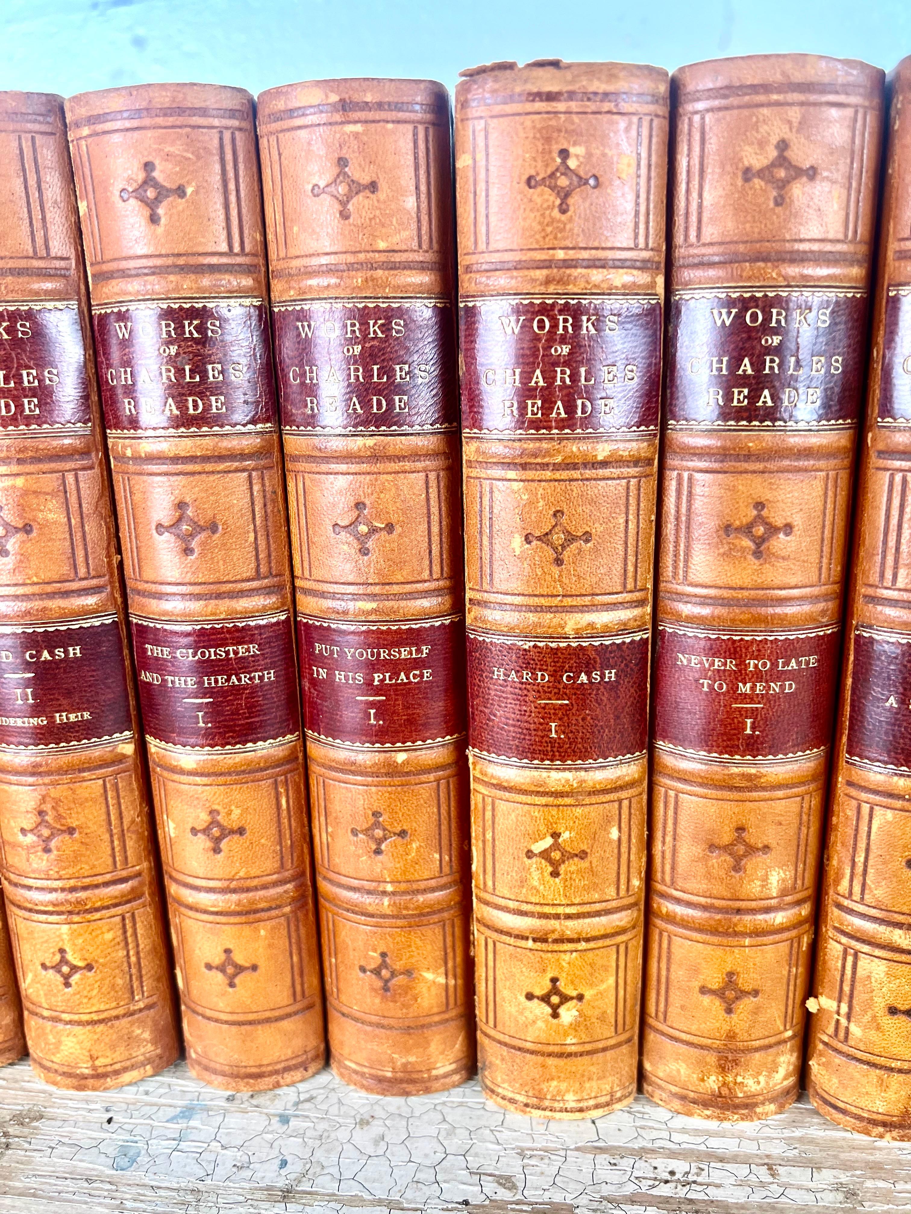 19th Century Set of Sixteen Leather Bound Book by Charles Reade For Sale